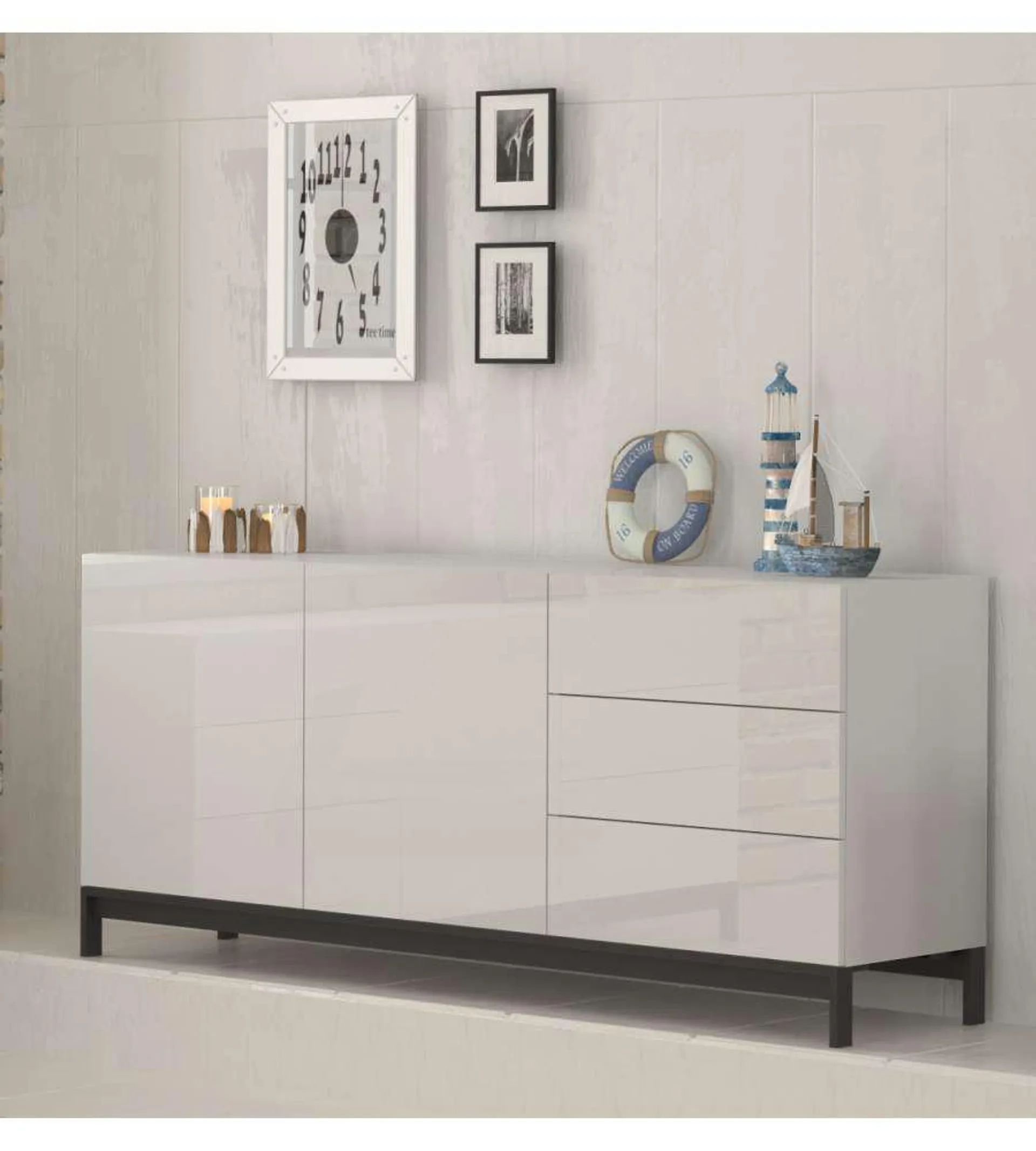 Credenza Moderna 2 Ante + 3 Cassetti Metis Con Piede In Metallo Bianco Lucido