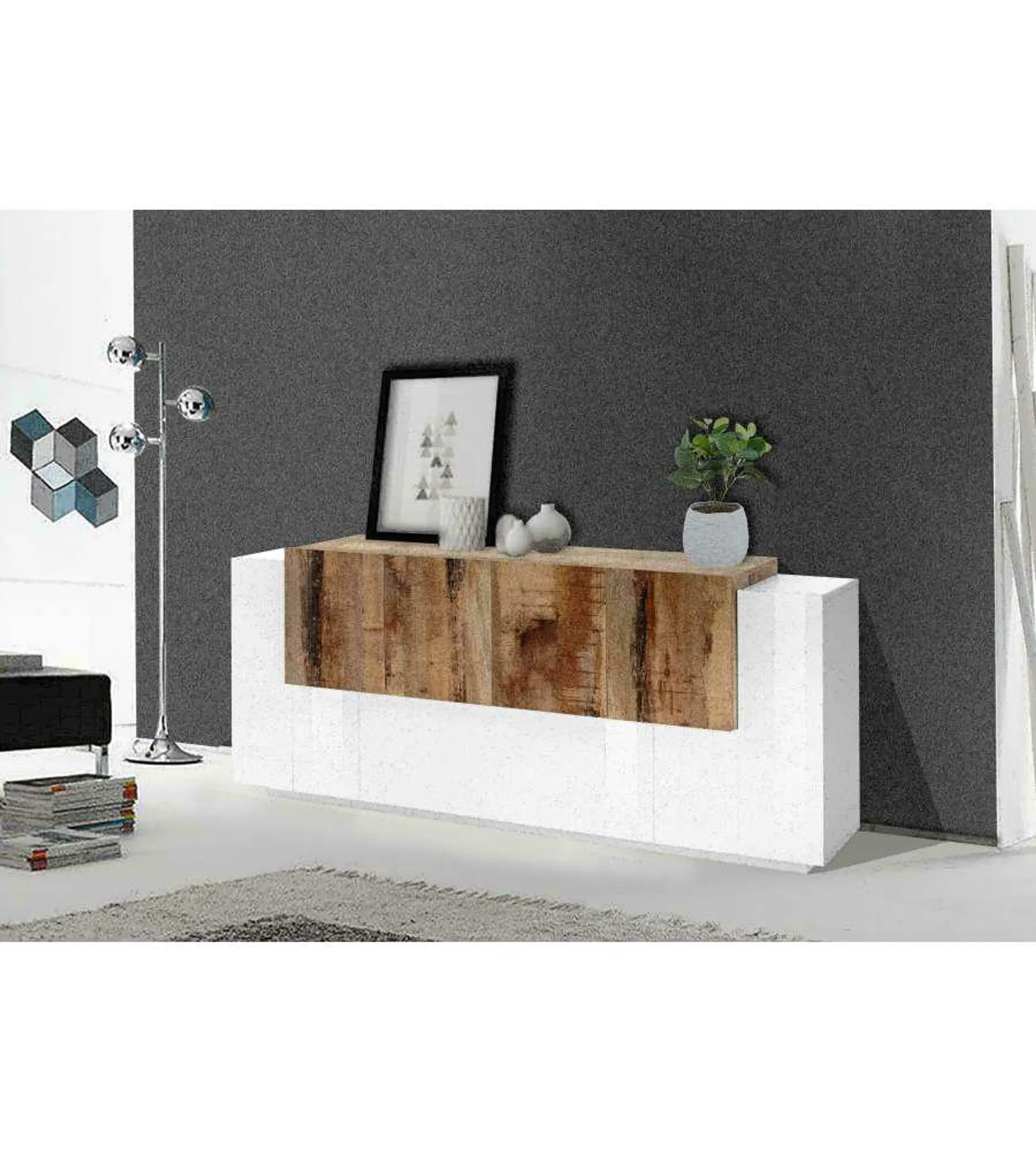 Credenza New Corona Moderna 2 Ante Battenti 1 Ribalta 4 Ante Battente Bianco Acero Pereira