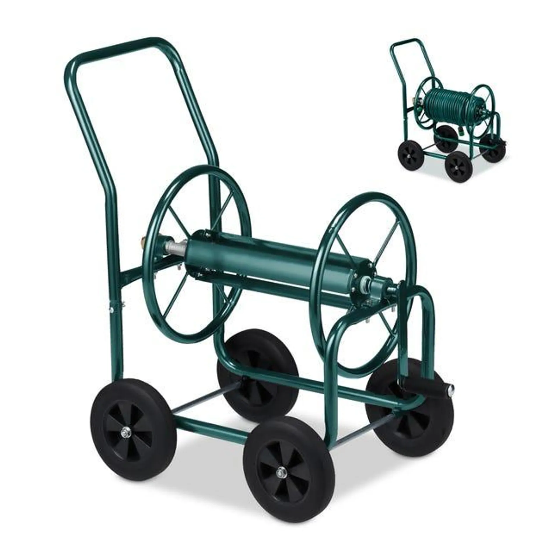 Relaxdays Carrello Avvolgitubo da Giardino, Carrellino Mobile per Acqua in Metallo, 4 Rotelle, Tubi Lunghi 60 m, Verde