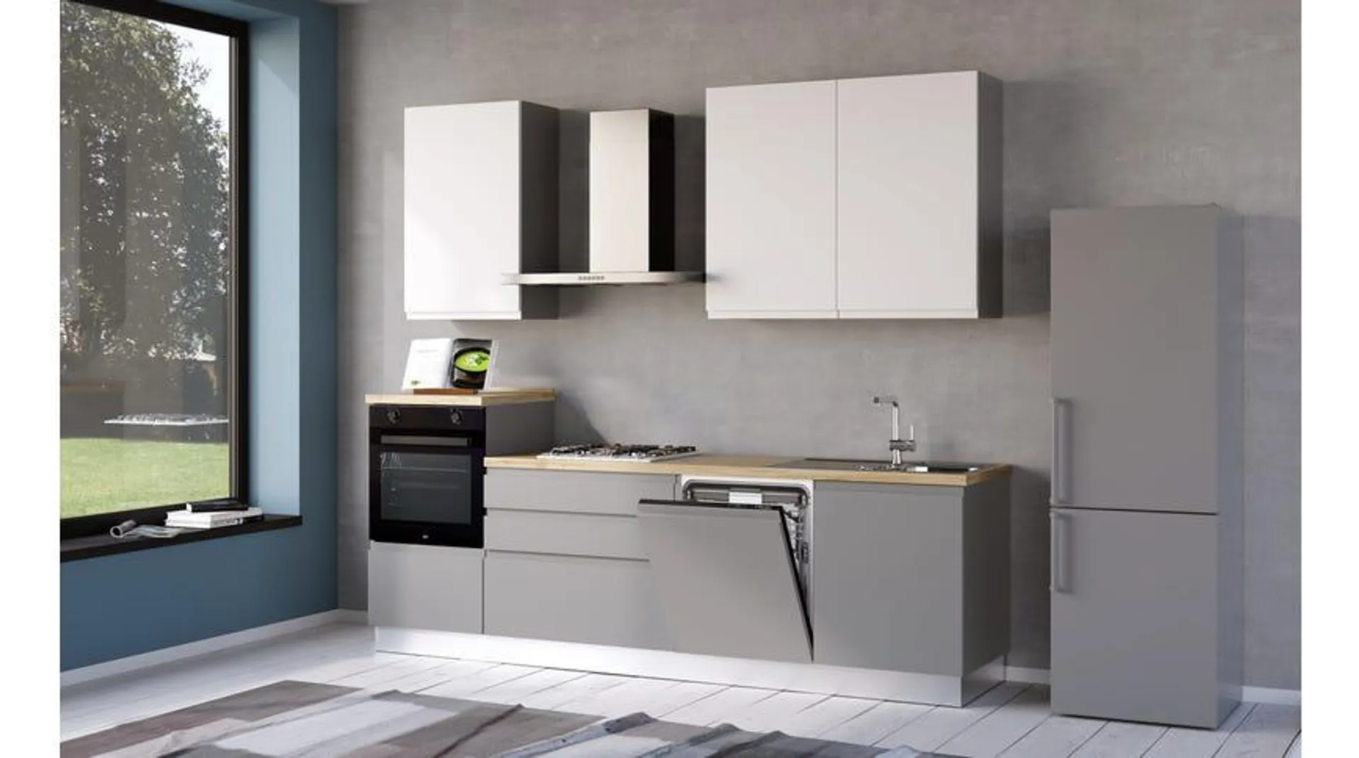 Iris cucina 270 cm colore grigio chiaro e bianco opaco con lavastoviglie