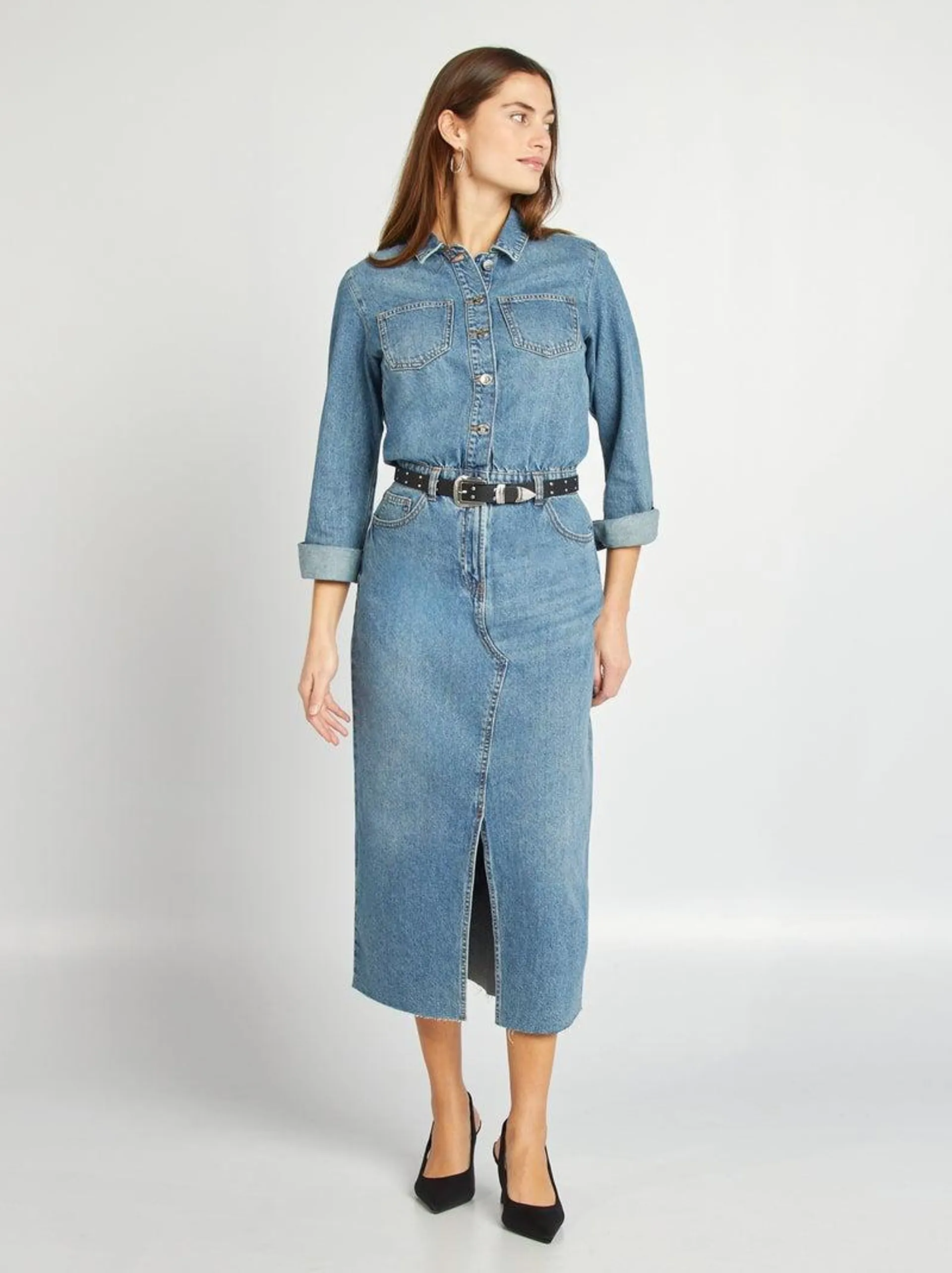 Robe longue en jean façon combinaison - Bleu