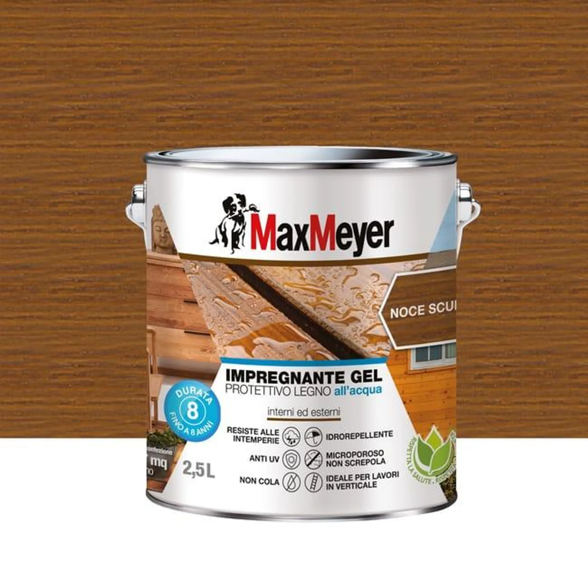 Impregnante per legno da esterno a base acqua MAXMEYER Gel noce scuro opaco 2.5 lt, 8 anni di protezione.