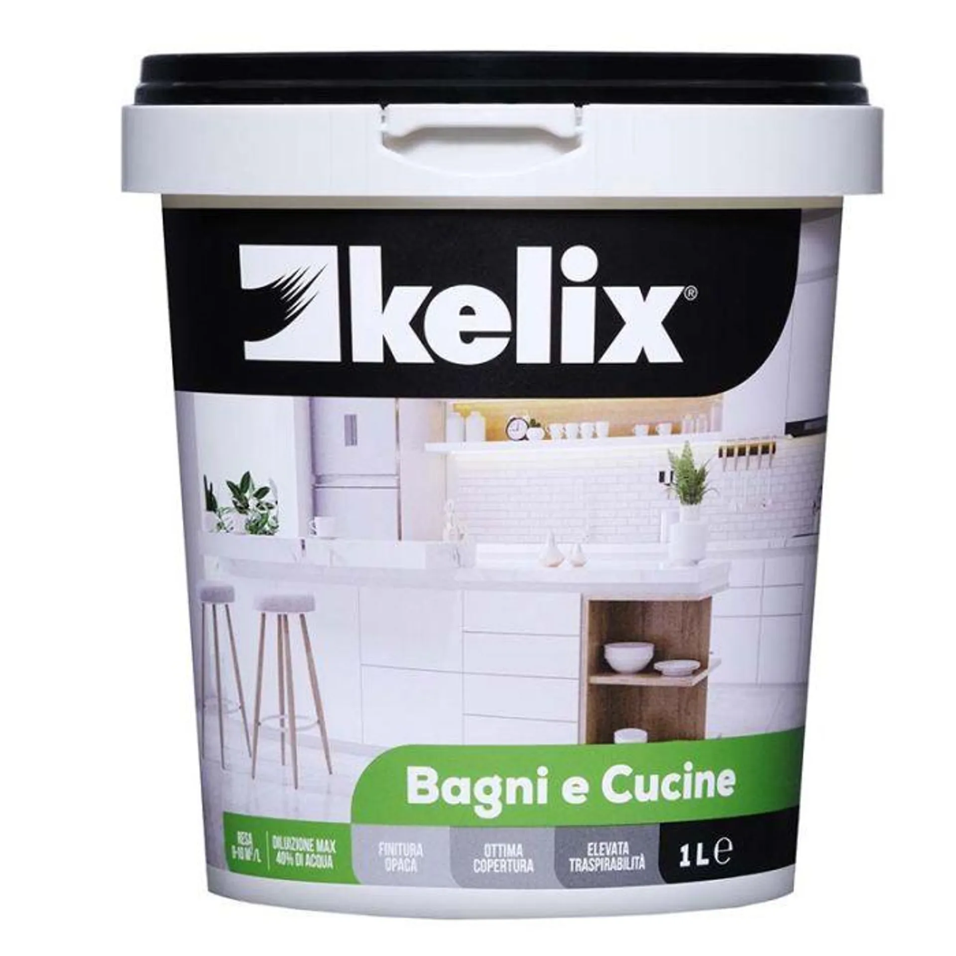 Bagni e cucine kelix, ottima copertura e traspirabilita', ideale per ambienti soggetti alla formazione di muffe e macchie d'umidita', facile applicazione, resa 9/10 mq/lt, conf. 1 lt