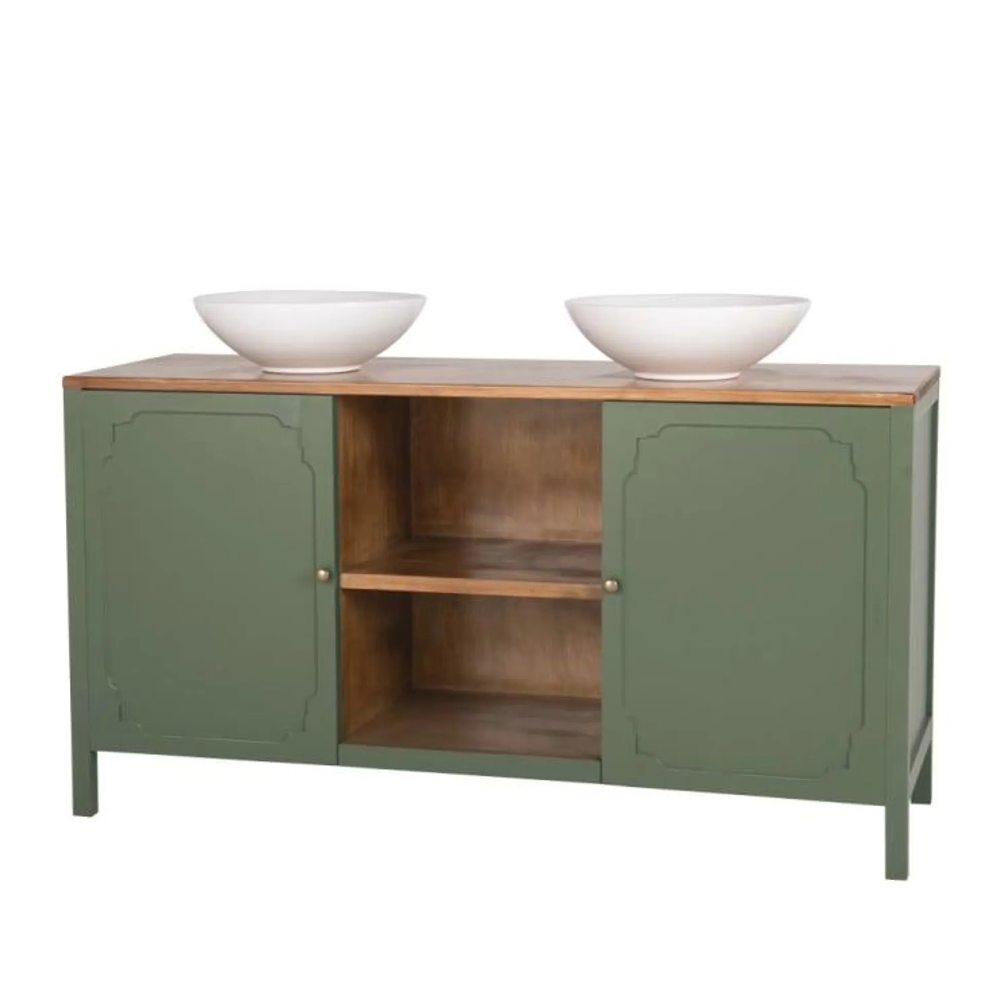 Mobile con doppio lavabo, 2 ante e 1 ripiano verde e beige