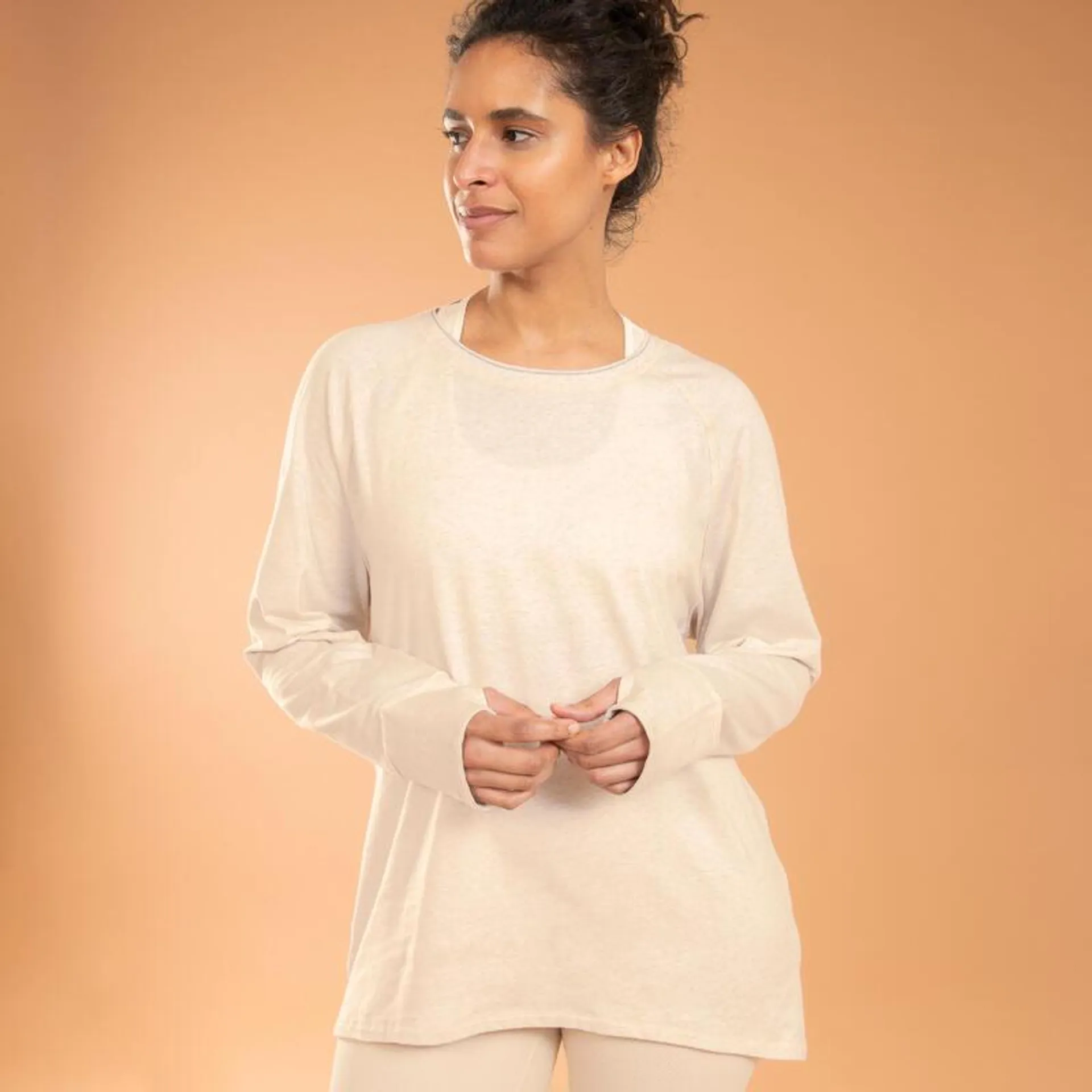 T-shirt manica lunga donna yoga oversize cotone beige