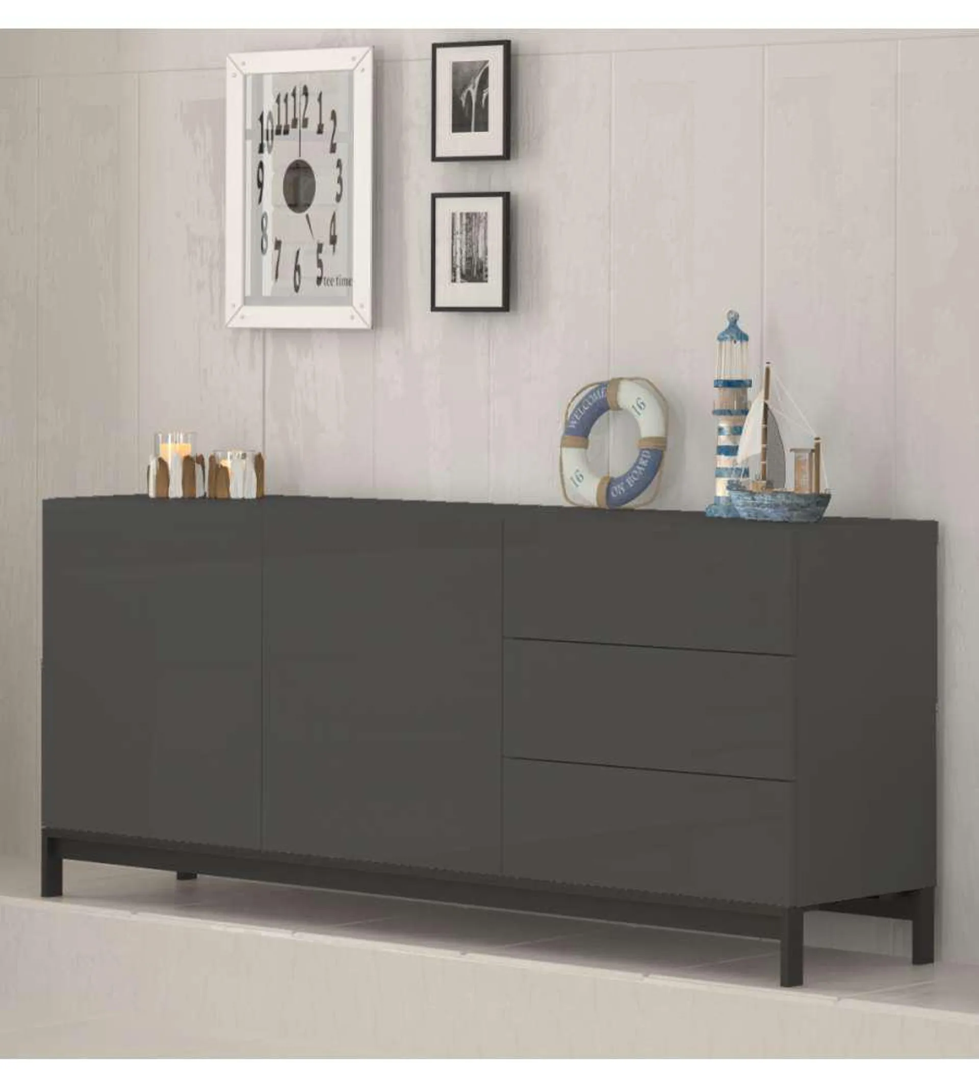 Credenza Moderna 2 Ante + 3 Cassetti Metis Con Piede In Metallo Antracite Laccato