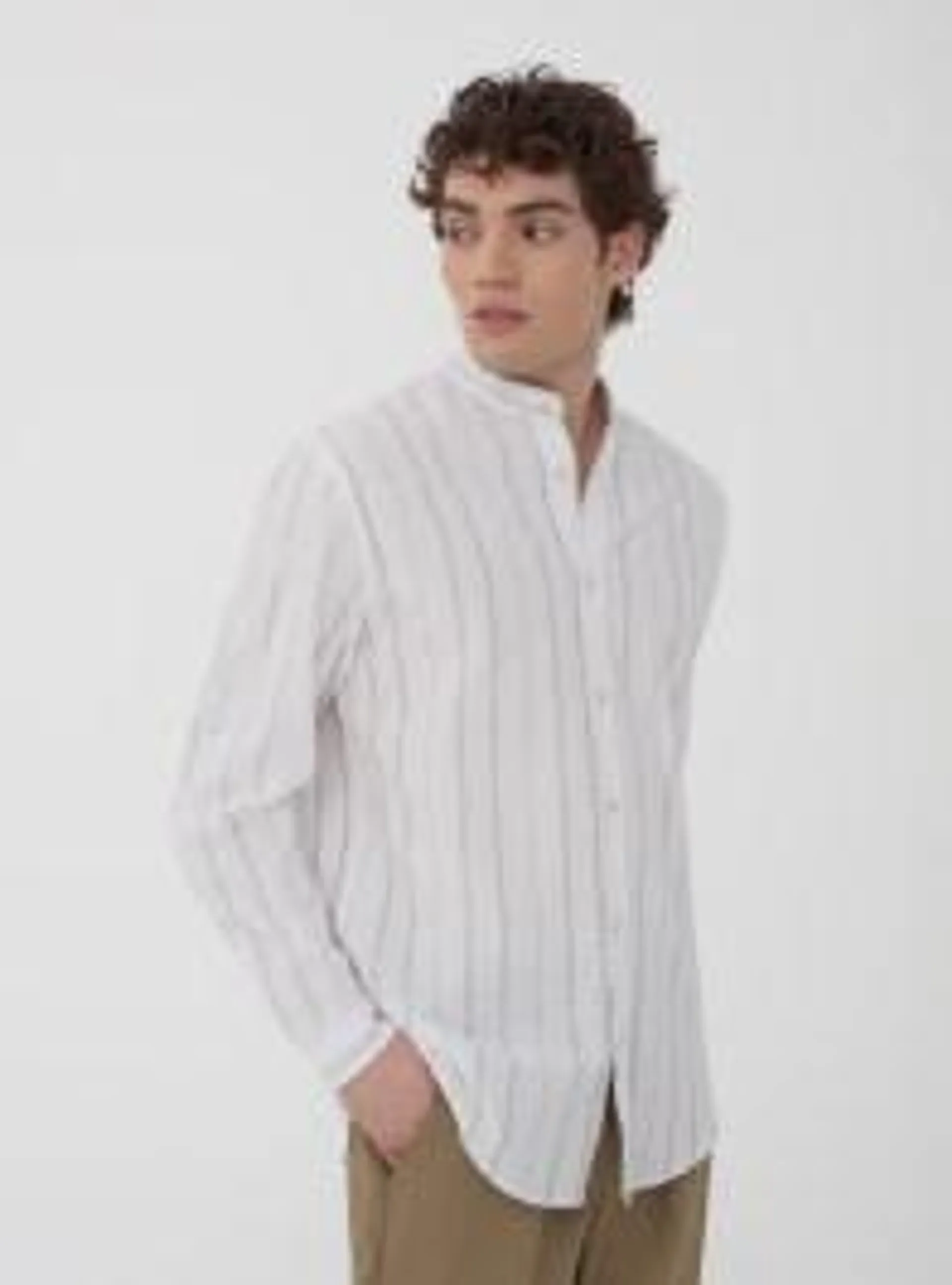 Camicia coreana in misto lino a righe Var bianco ottico