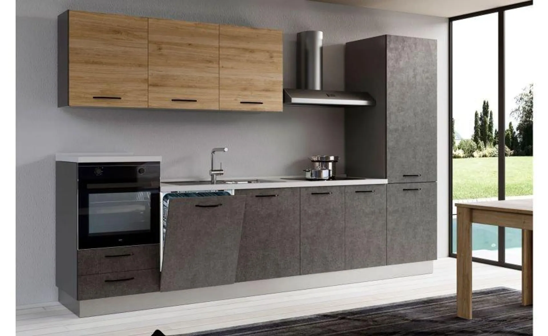 Gilda 2.0 cucina 330 cm colore portland e rovere cadiz