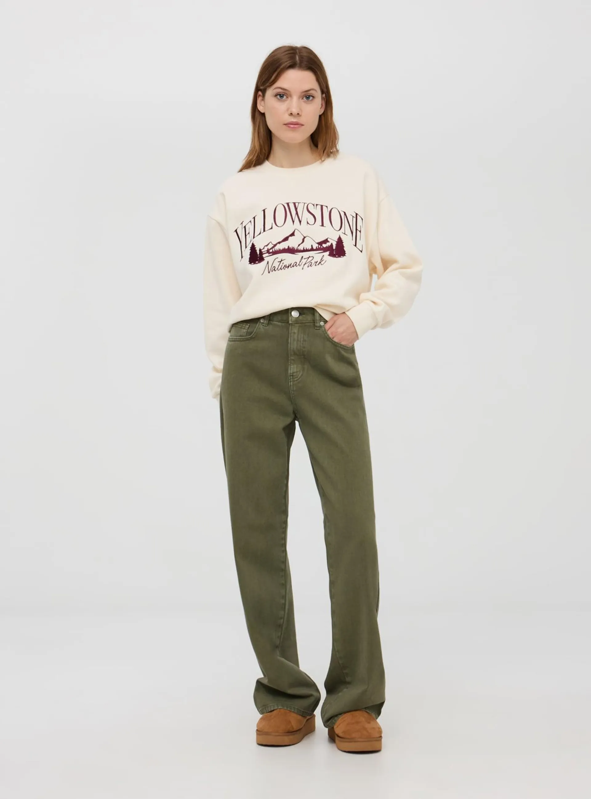 Pantaloni wide leg in denim Verde militare scuro