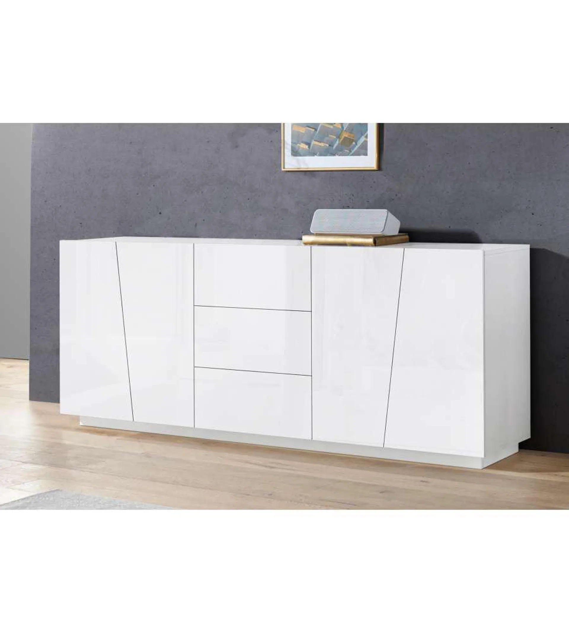 Credenza VEGA moderna 4 ante battente 3 cassetti bianco lucido