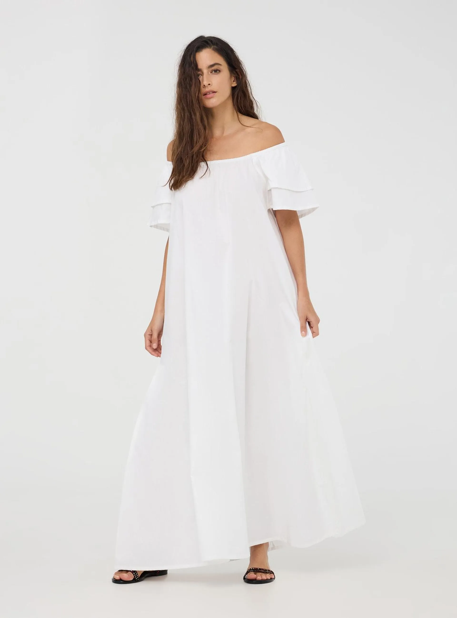 Vestito lungo in popeline a maniche corte Bianco ottico