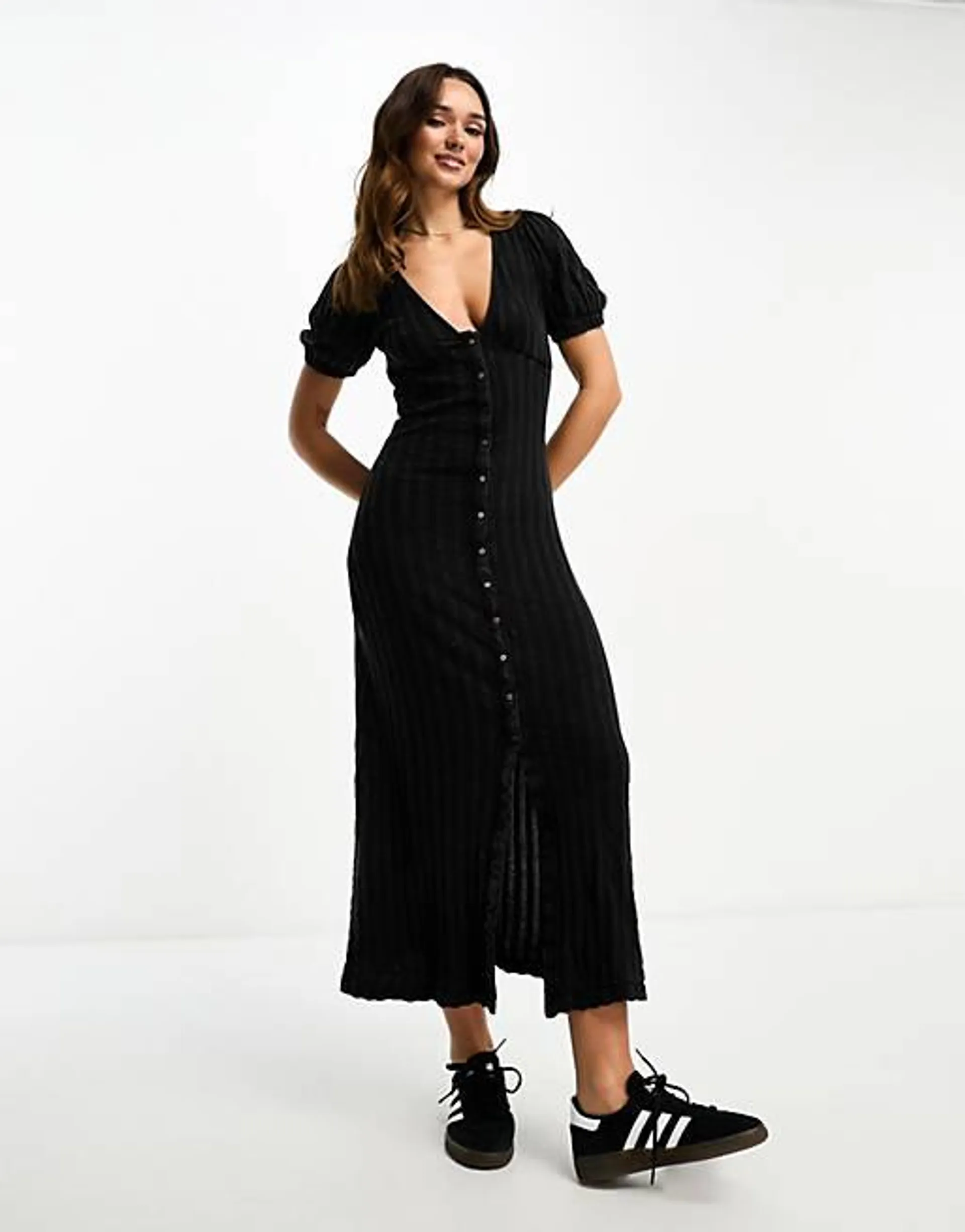 ASOS DESIGN - Vestito da giorno midi a balze nero con bottoni