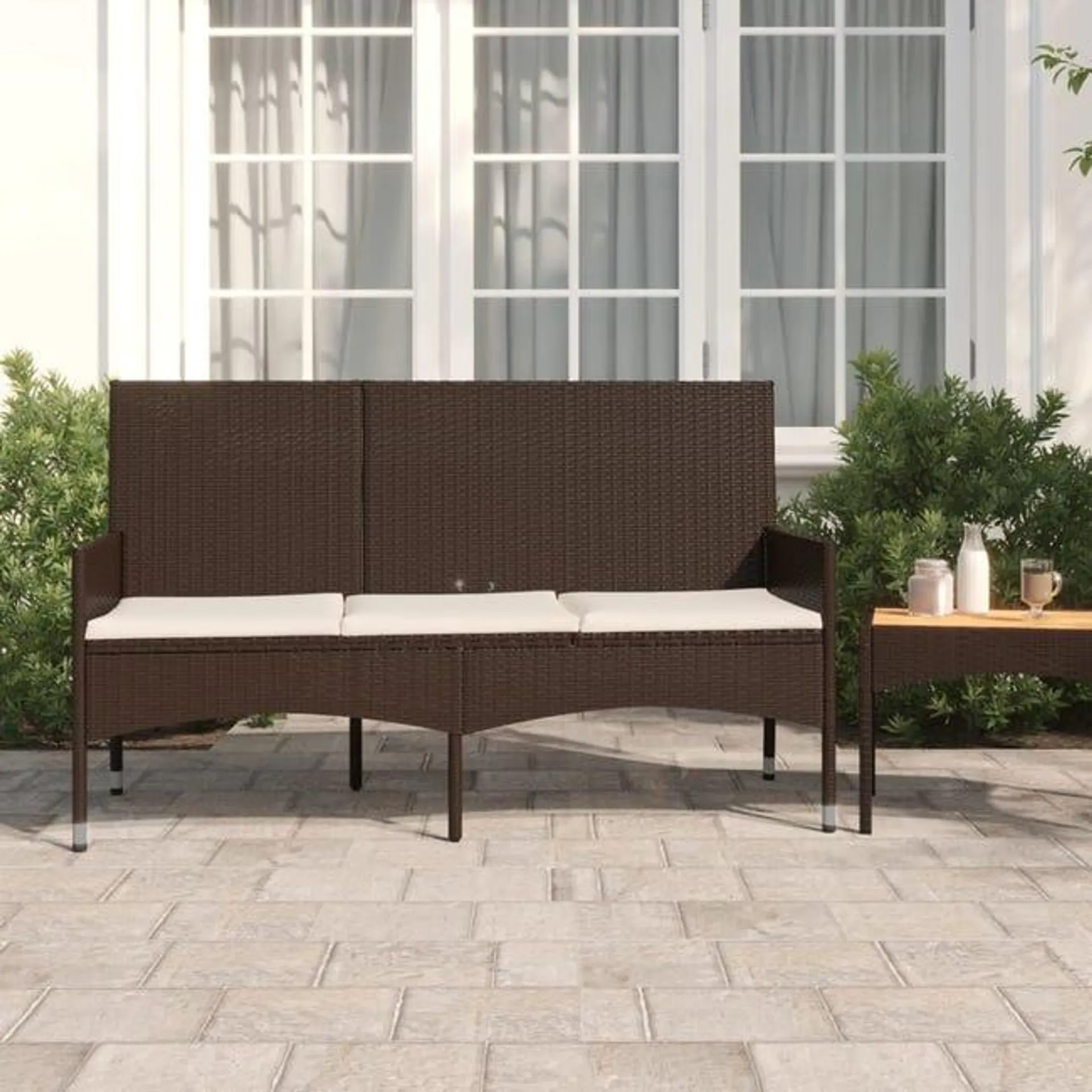 Panca da giardino a 3 posti con cuscini in polyrattan marrone