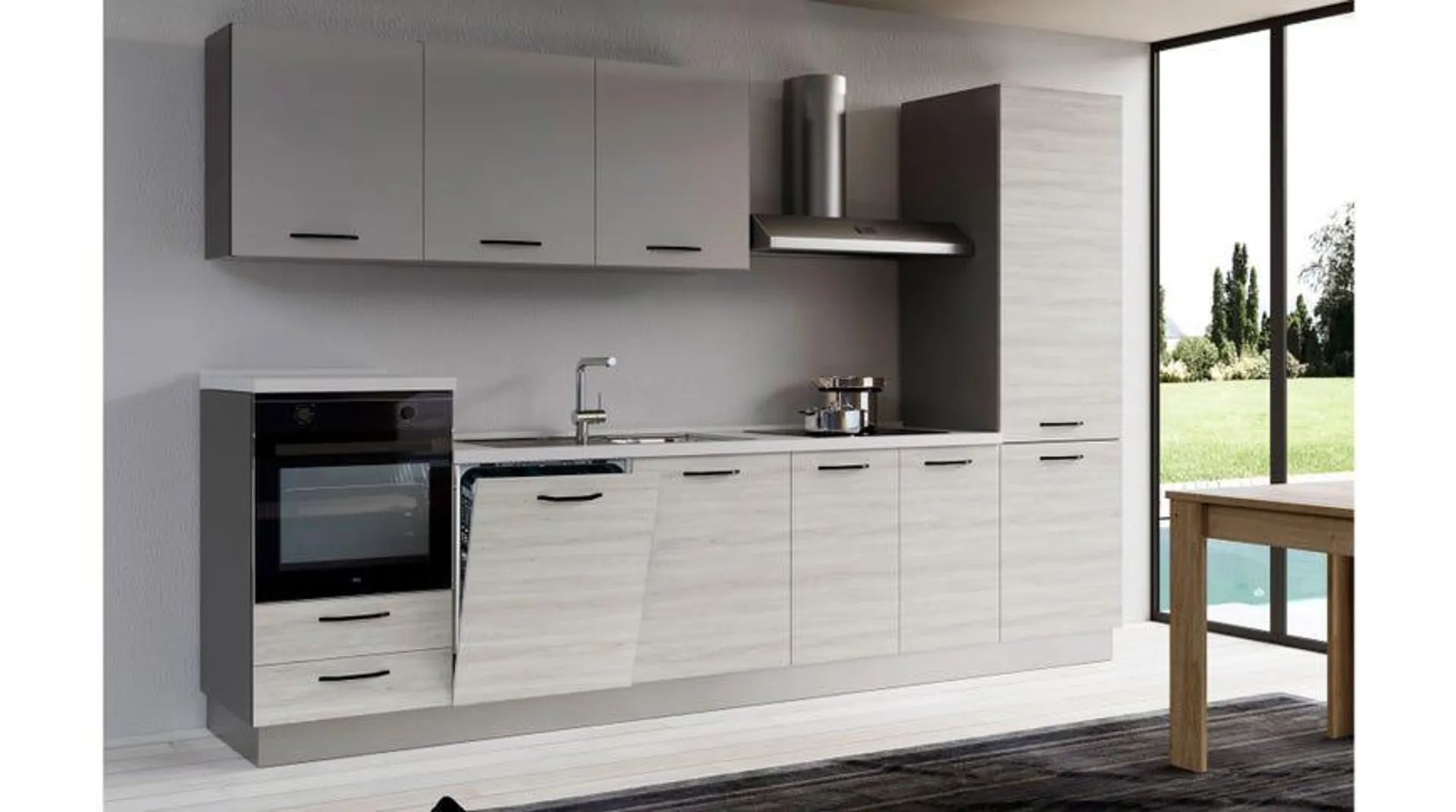 Gilda 2.0 cucina 330 cm colore frassino ghiaccio e light grey