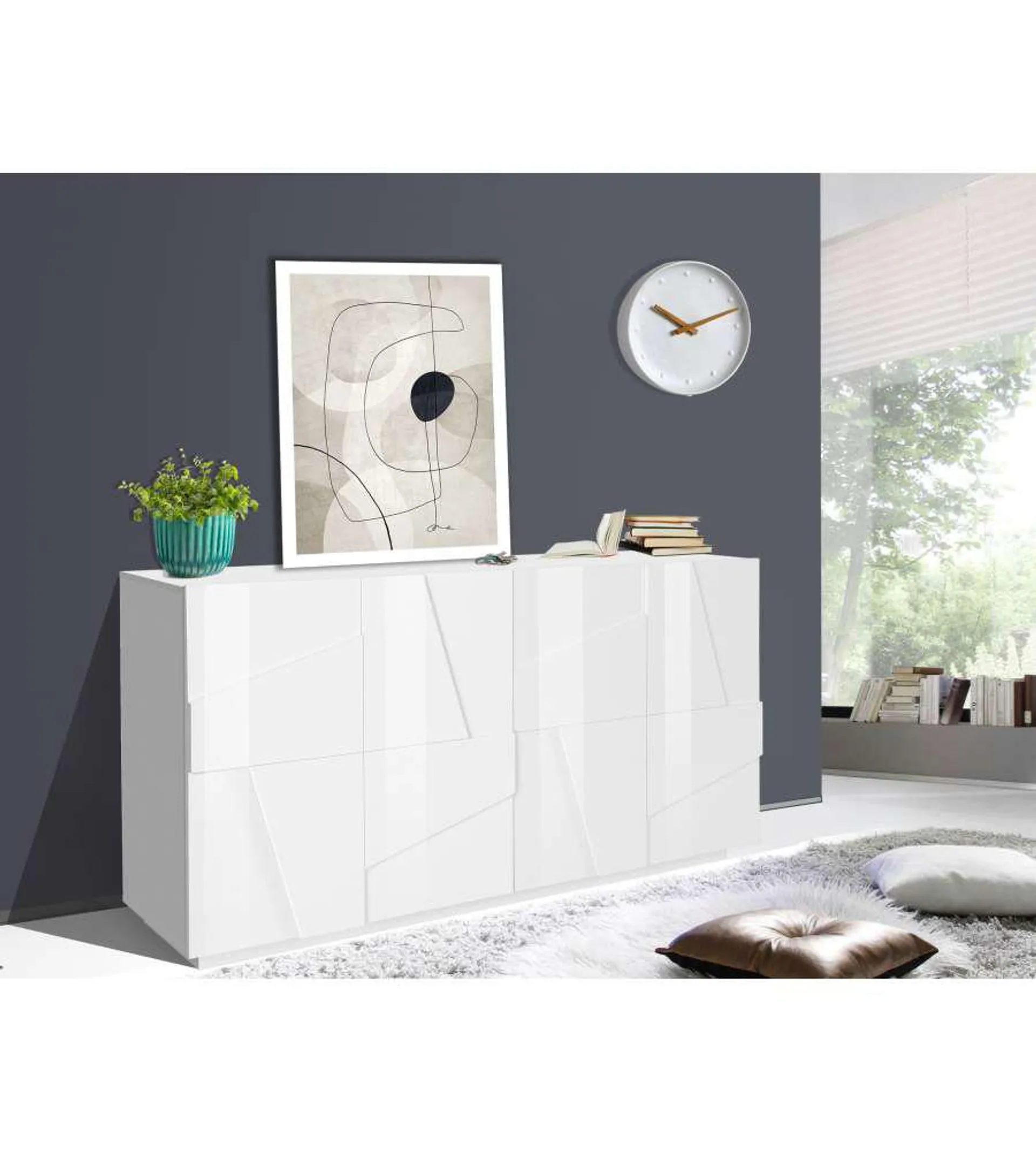 Credenza Ping Moderna 4 Ante Battente Bianco Lucido