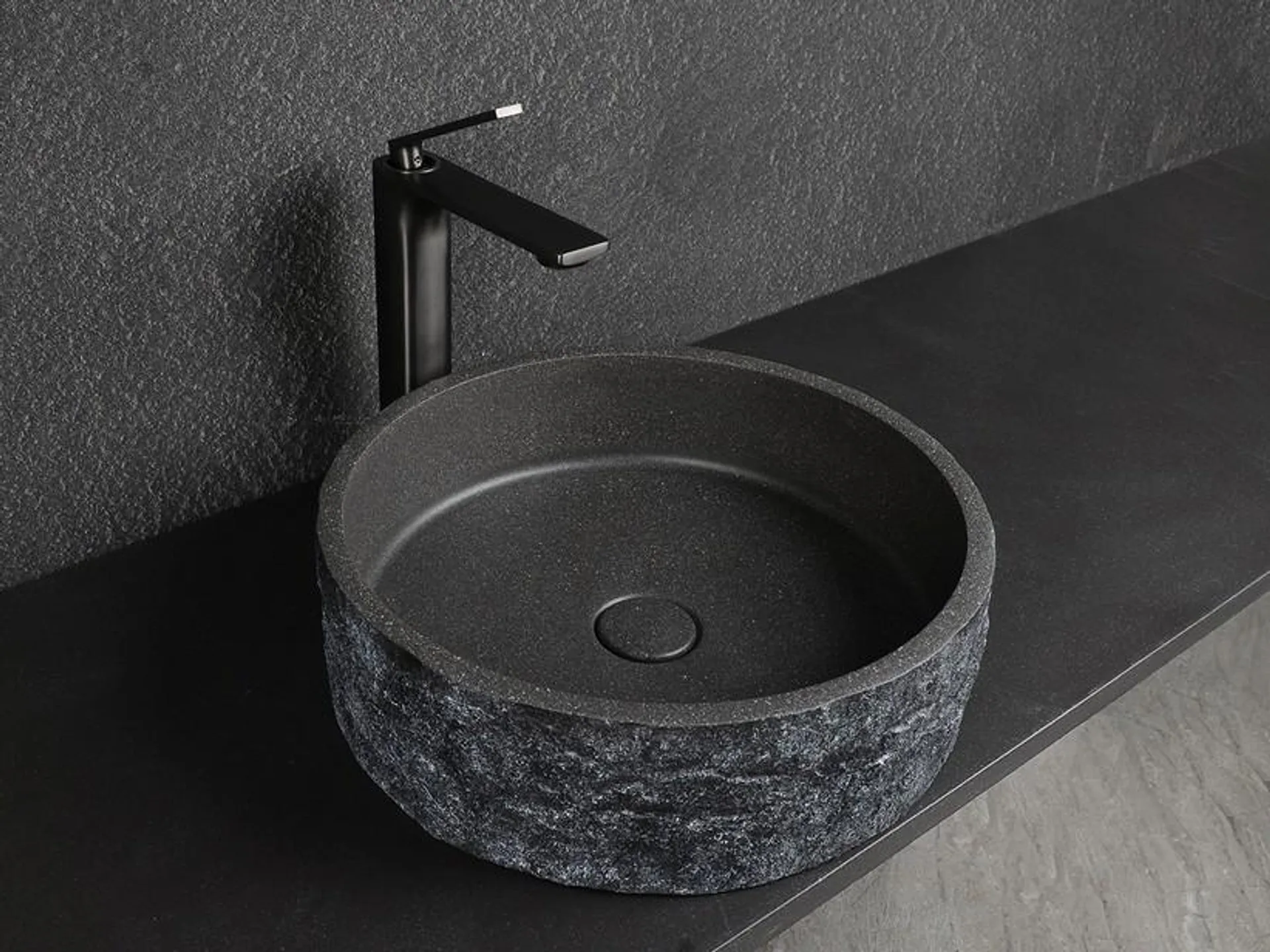 Lavabo da Appoggio Roughstone Ø40xH12 cm in Resina e Cemento finitura Granito Scuro