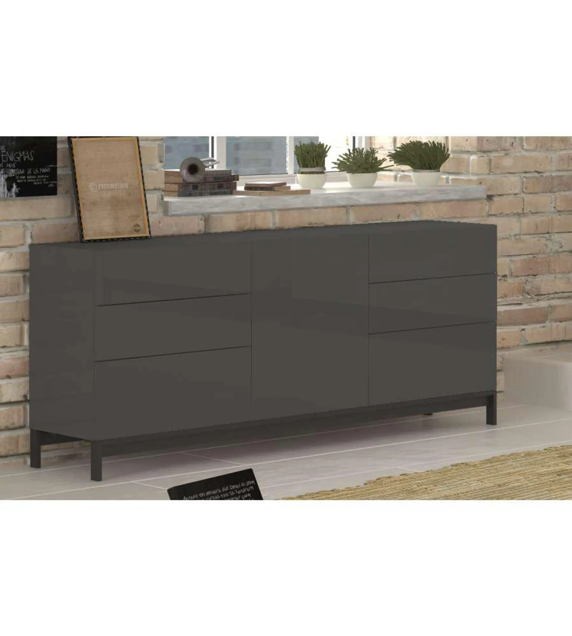 Credenza Moderna 1 Anta + 6 Cassetti Metis Con Piede In Metallo Antracite Laccato