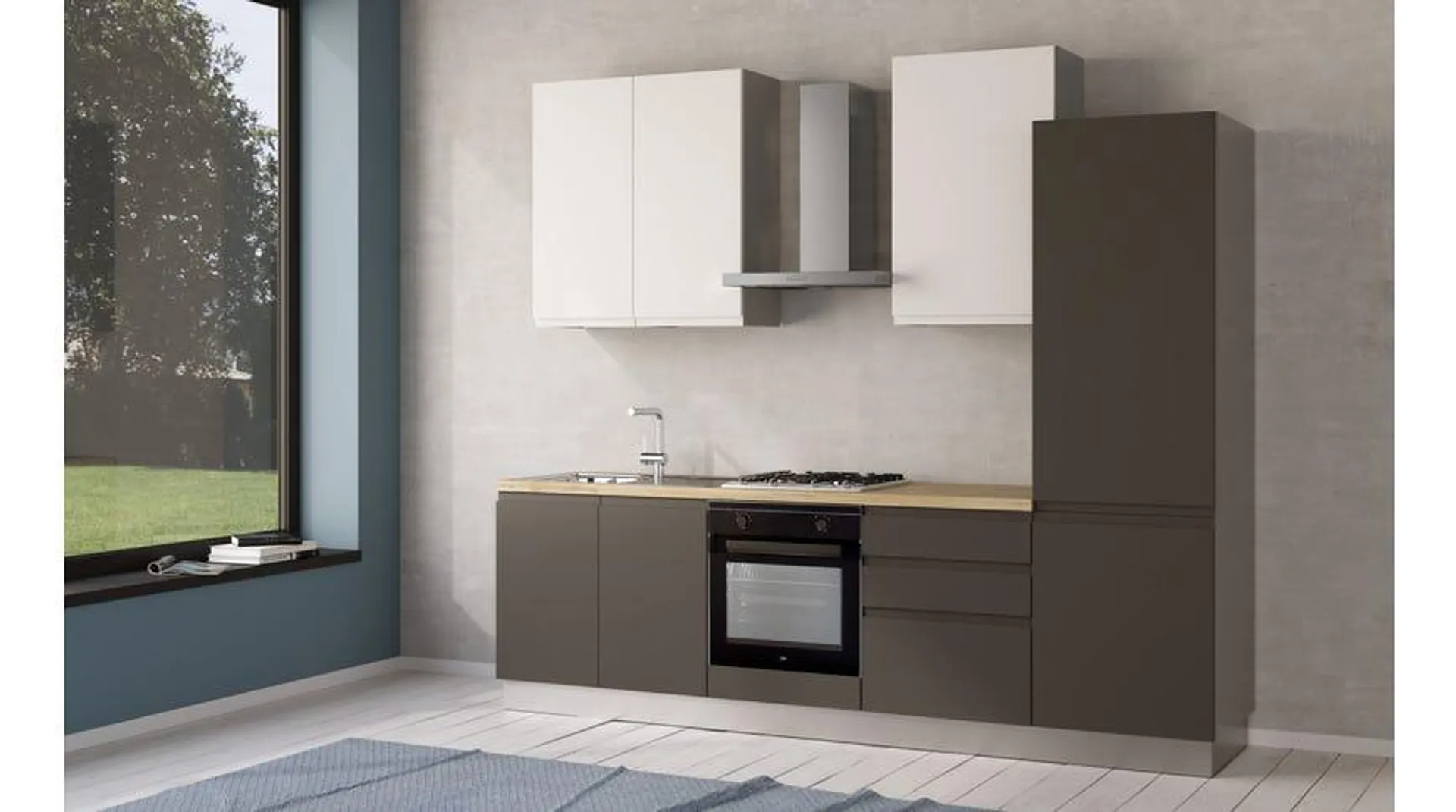 Iris cucina 270 cm colore grigio scuro e bianco opaco con frigo