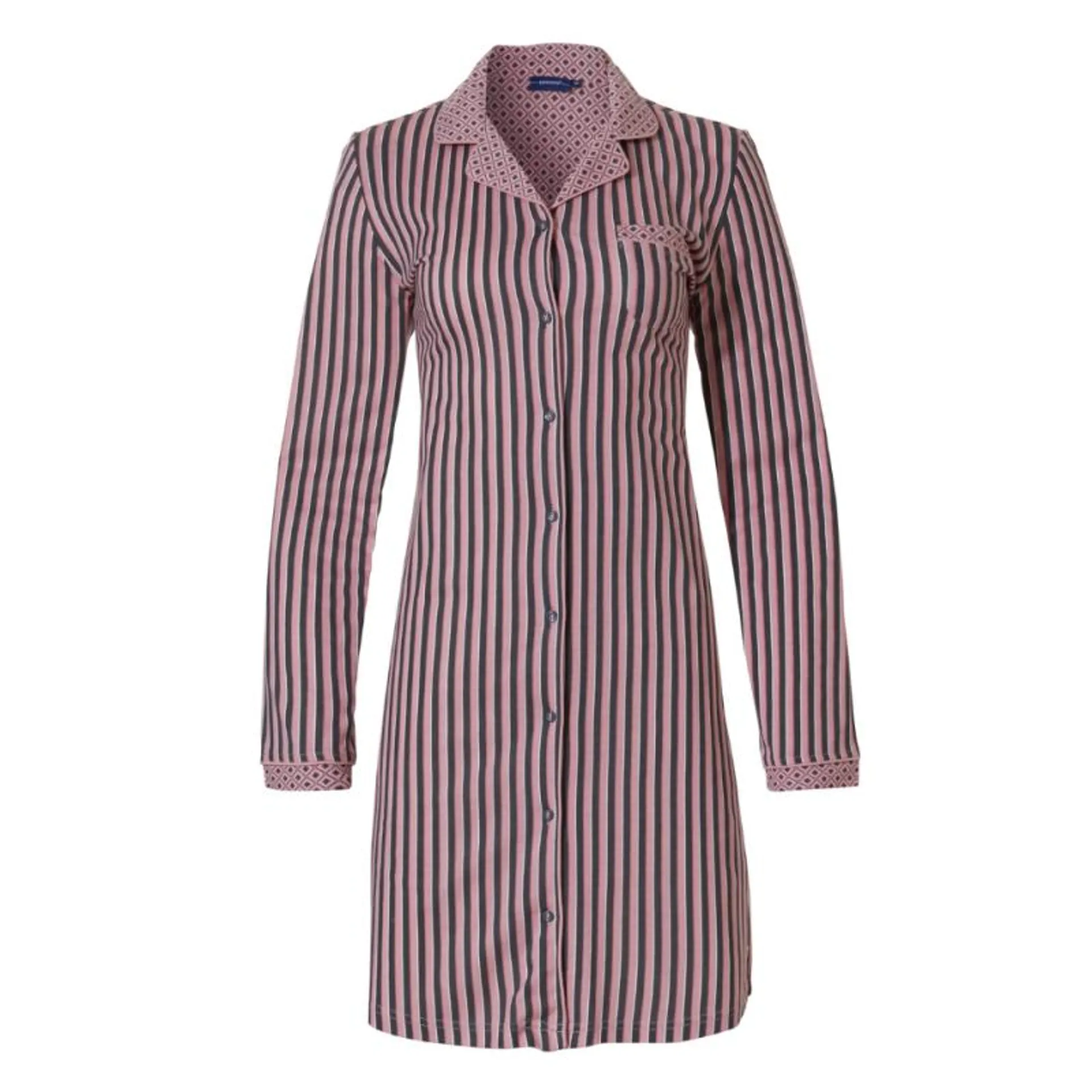 PA-10222-100-6- Camicia da notte aperta con fantasia a righe - grigio e rosa