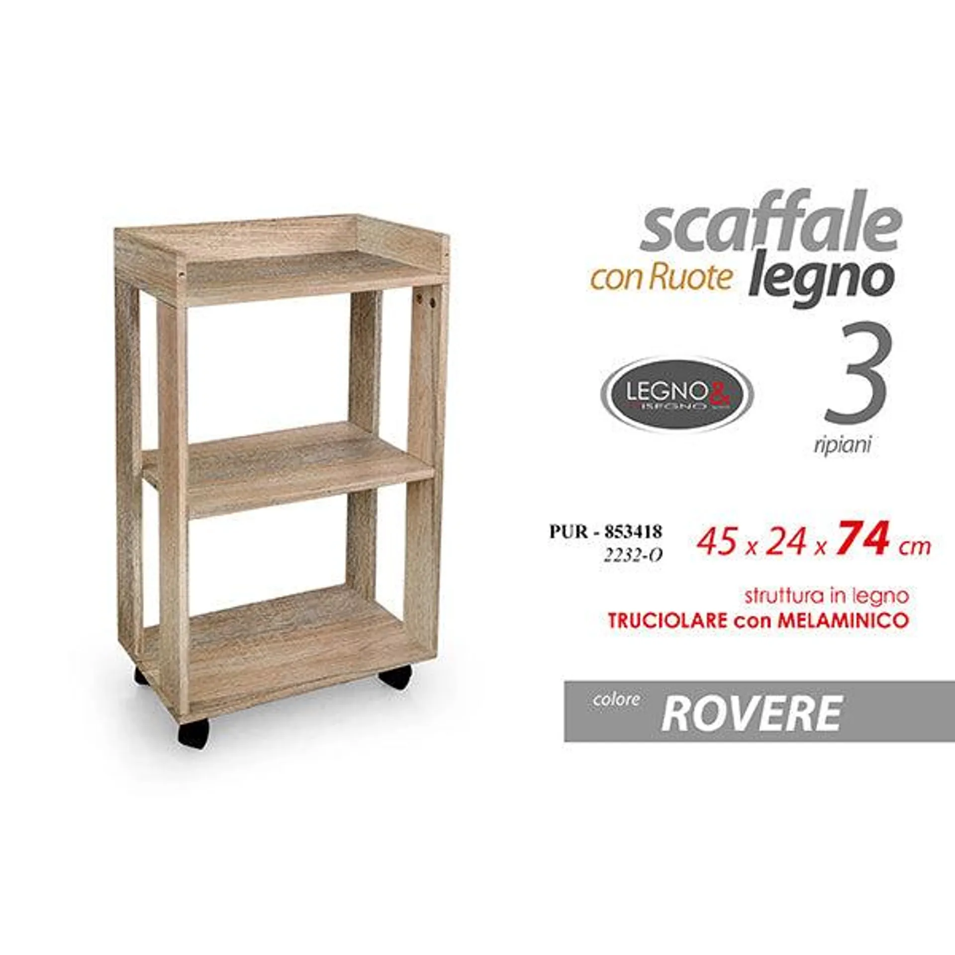 Mobiletto Con Ruote In Legno 45x24x74 Cm Rovere