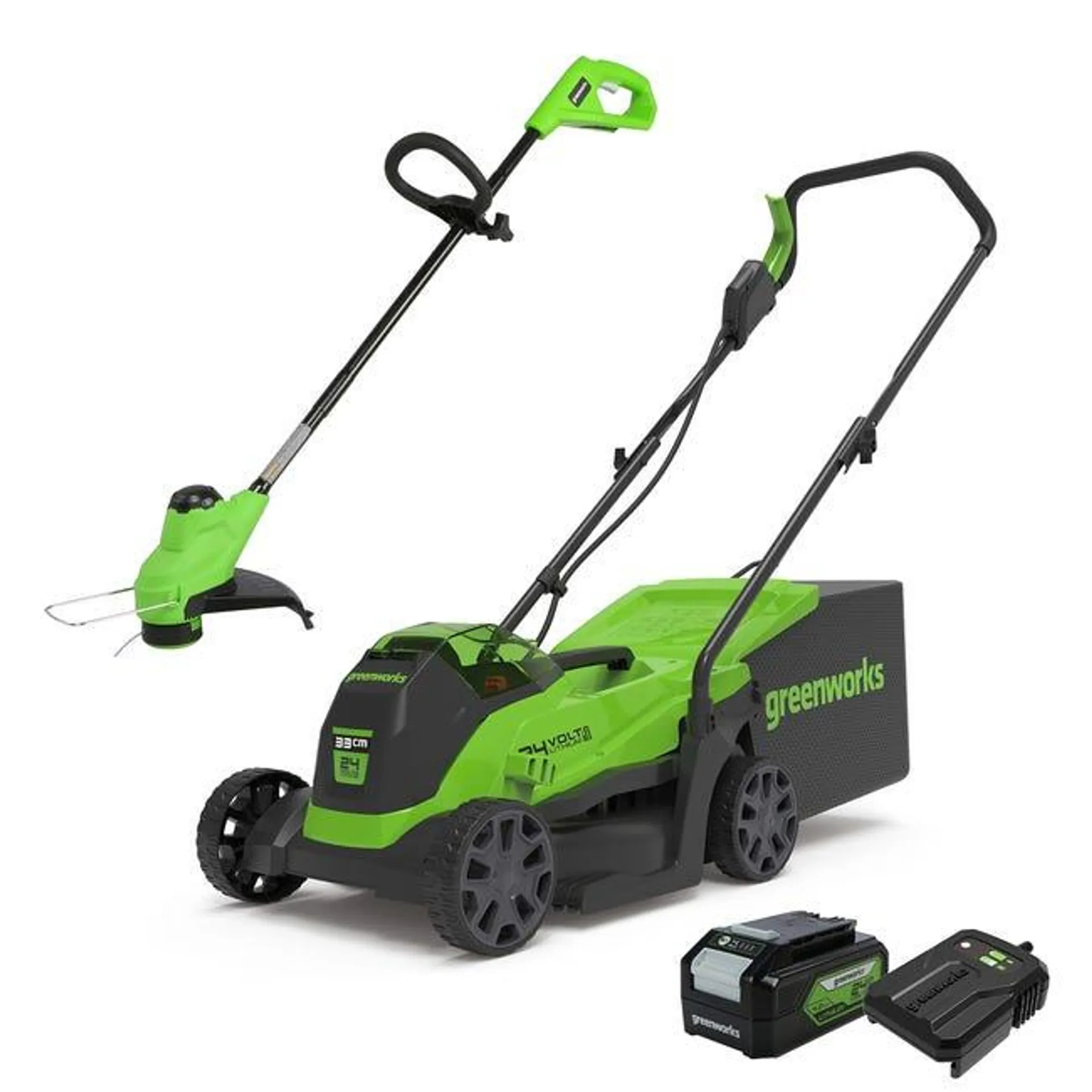 Greenworks Tools Tosaerba Elettrico, 24V, 33 Cm, 30L Scatola Raccoglierba E Tagliabordi 25Cm, Nero Verde