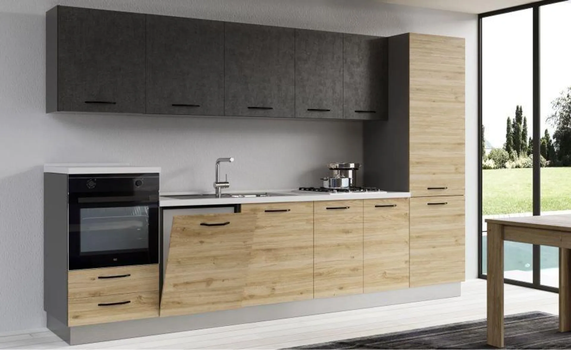 Gilda cucina 330 cm colore rovere cadiz e cemento scuro