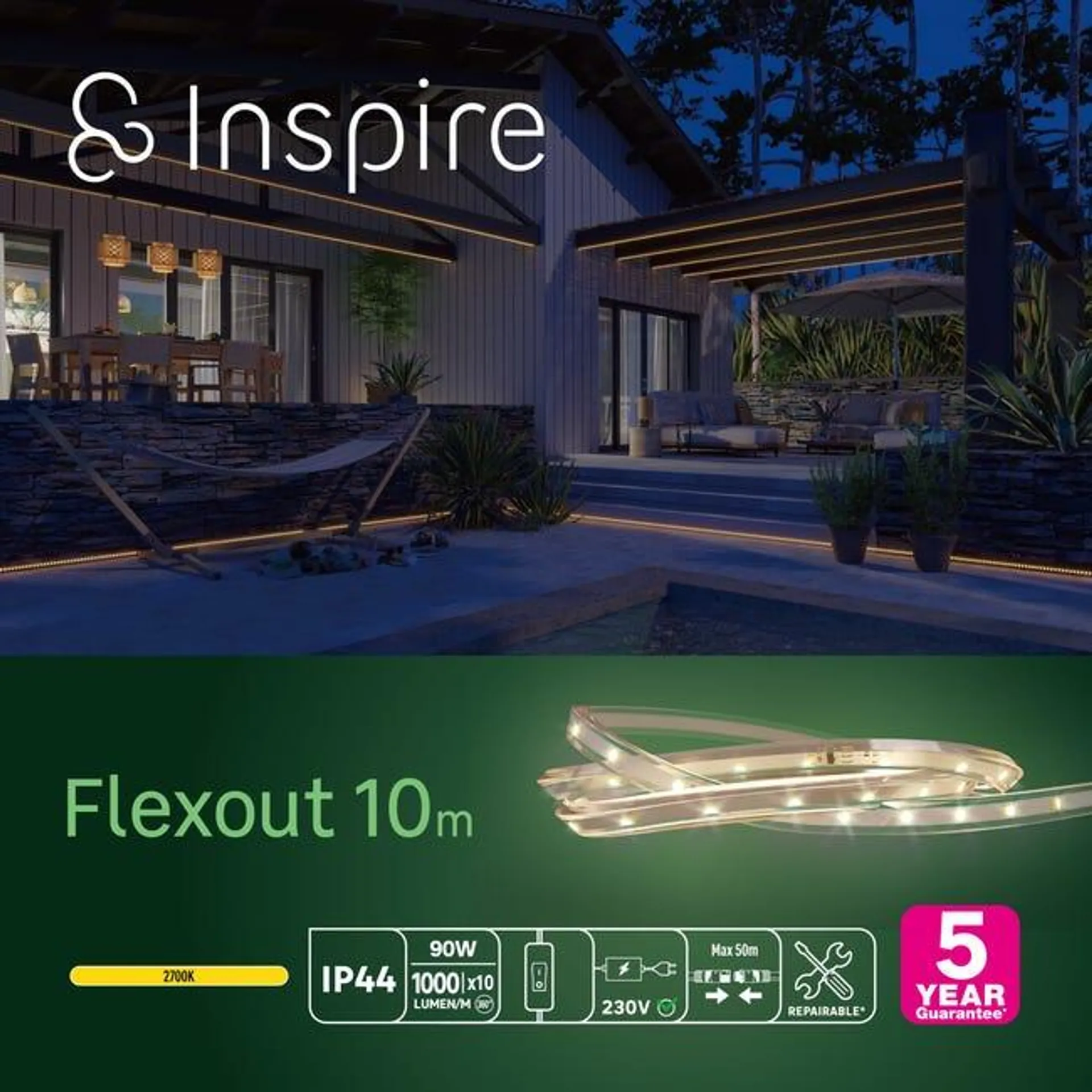 Kit striscia led per esterni Flexout 2700K 10m luce bianco naturale INSPIRE