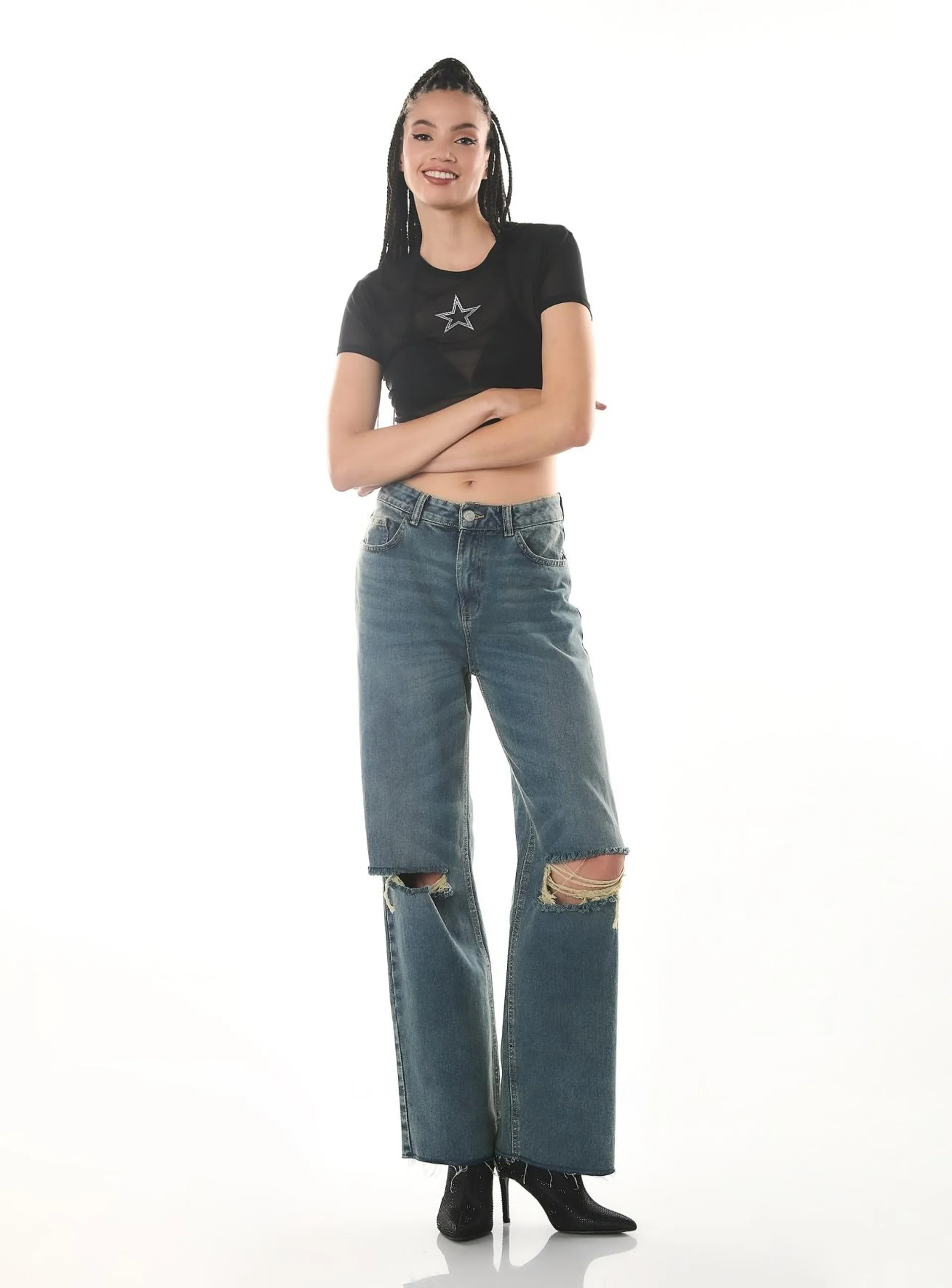 Jeans wide leg con strappi Blu denim scuro