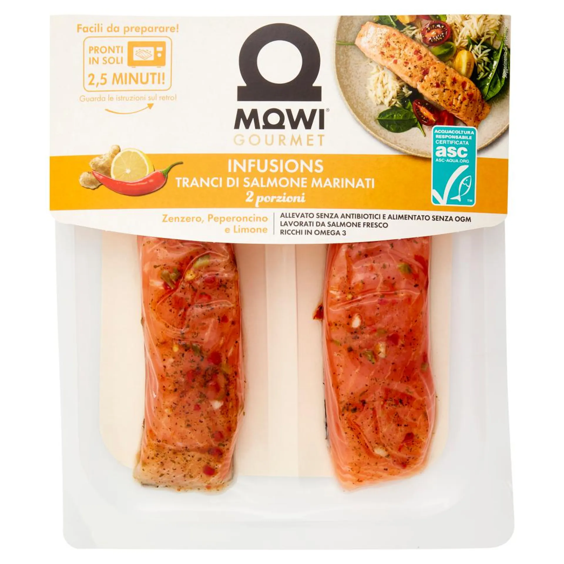 Mowi Gourmet Infusions Tranci di Salmone Marinati Zenzero, Peperoncino e Limone 2 x 110 g