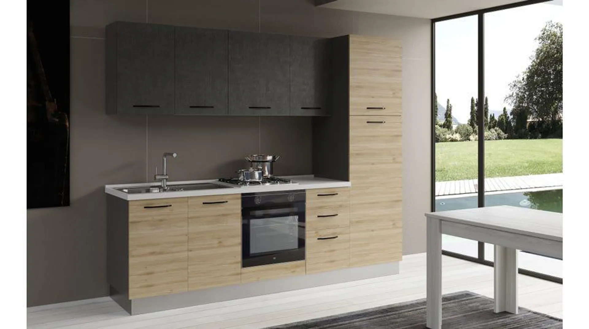 Gilda cucina 255 cm colore rovere cadiz e cemento scuro