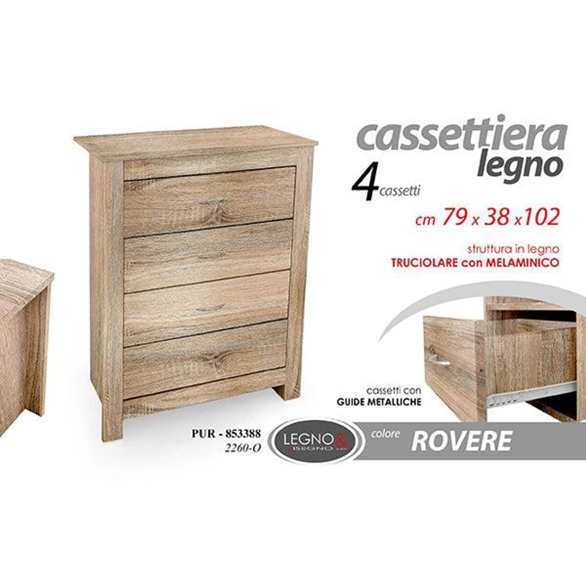 Cassettiera 4 Cassetti Rovere 79x38x102cm