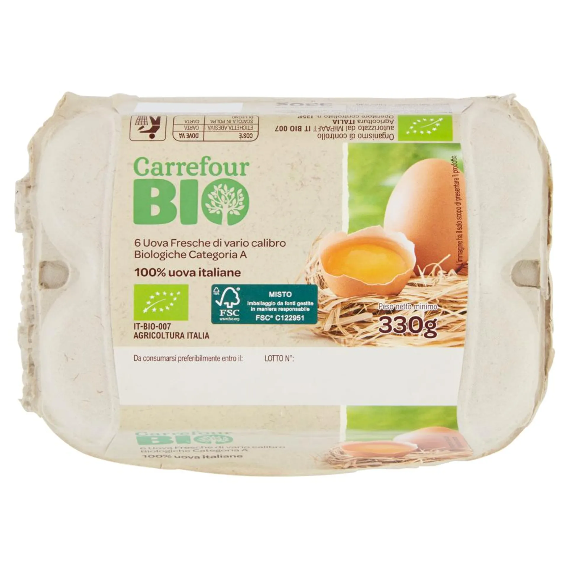 Carrefour Bio 6 Uova Fresche di vario calibro Biologiche Categoria A 330 g