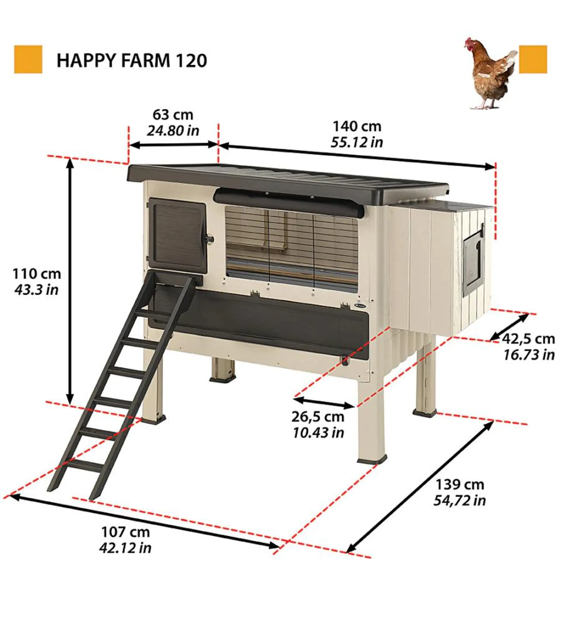 CASETTA POLLAIO PER GALLINE "HAPPY FARM 120" IN PLASTICA, 140X139X110 CM - FERPLAST