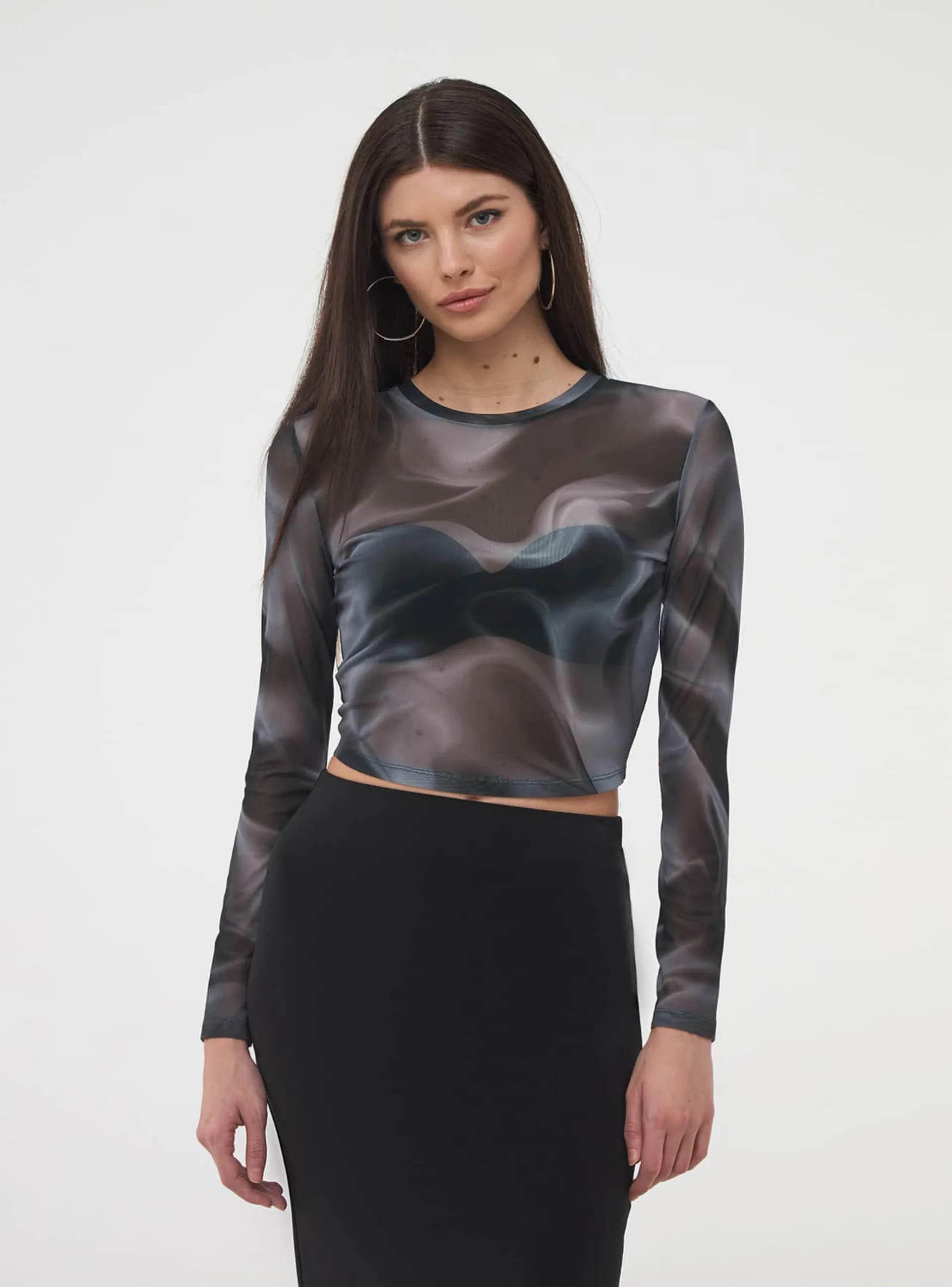 T-shirt crop in tulle a fantasia sfumata Var nero