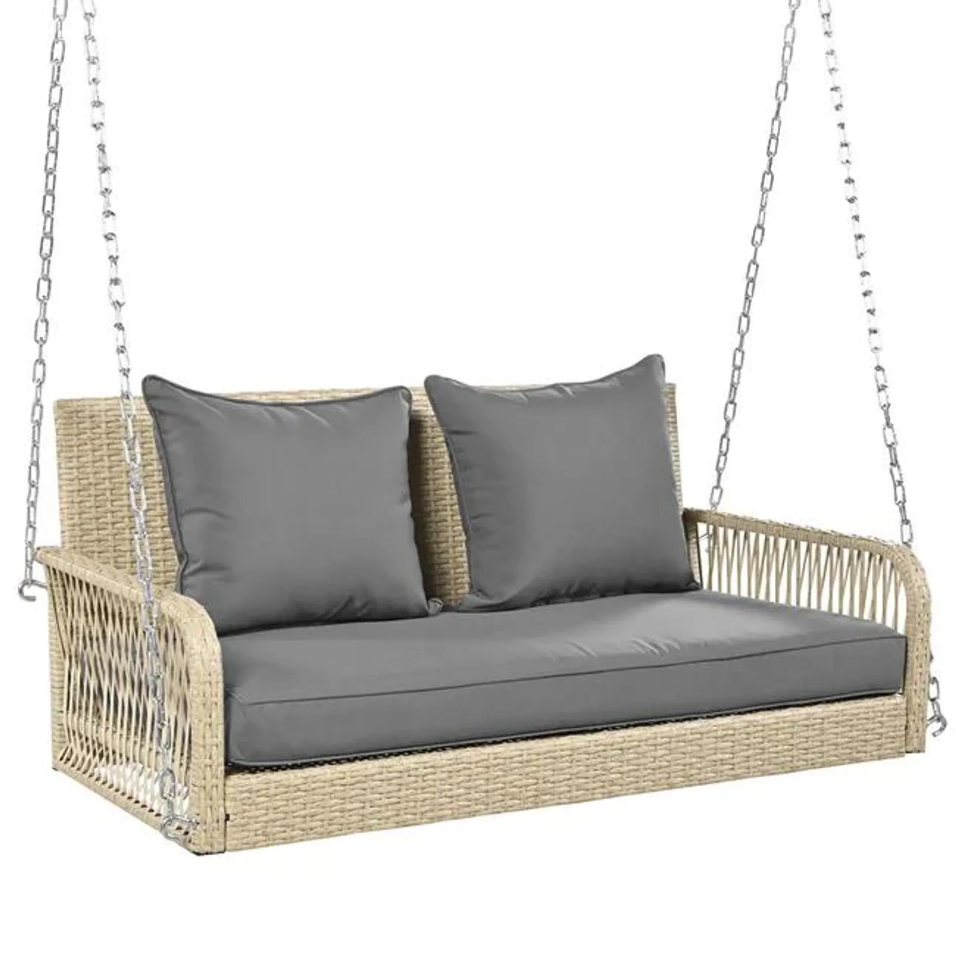 Altalena da giardino in rattan beige con cuscini lavabili, 2 posti, cuscini di seduta e schienale, capacità di carico 160 kg