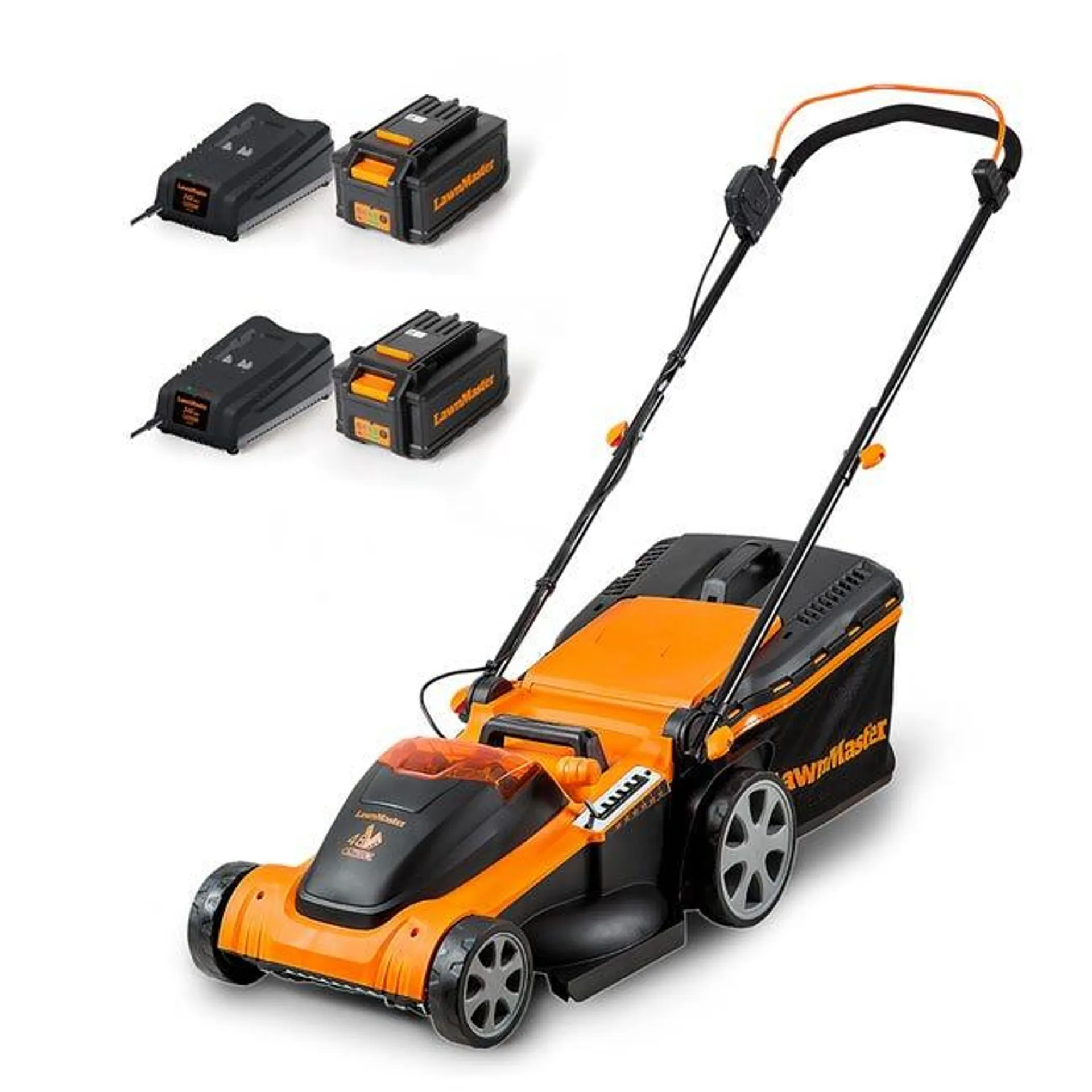 LawnMaster CLMF4841E Tagliaerba Senza Filo 48V Max 2x24V 4.0Ah Batteria, 41cm Fino a 450m², Altezza di Taglio a 6 Livelli 22-72mm, Capacità di Racco