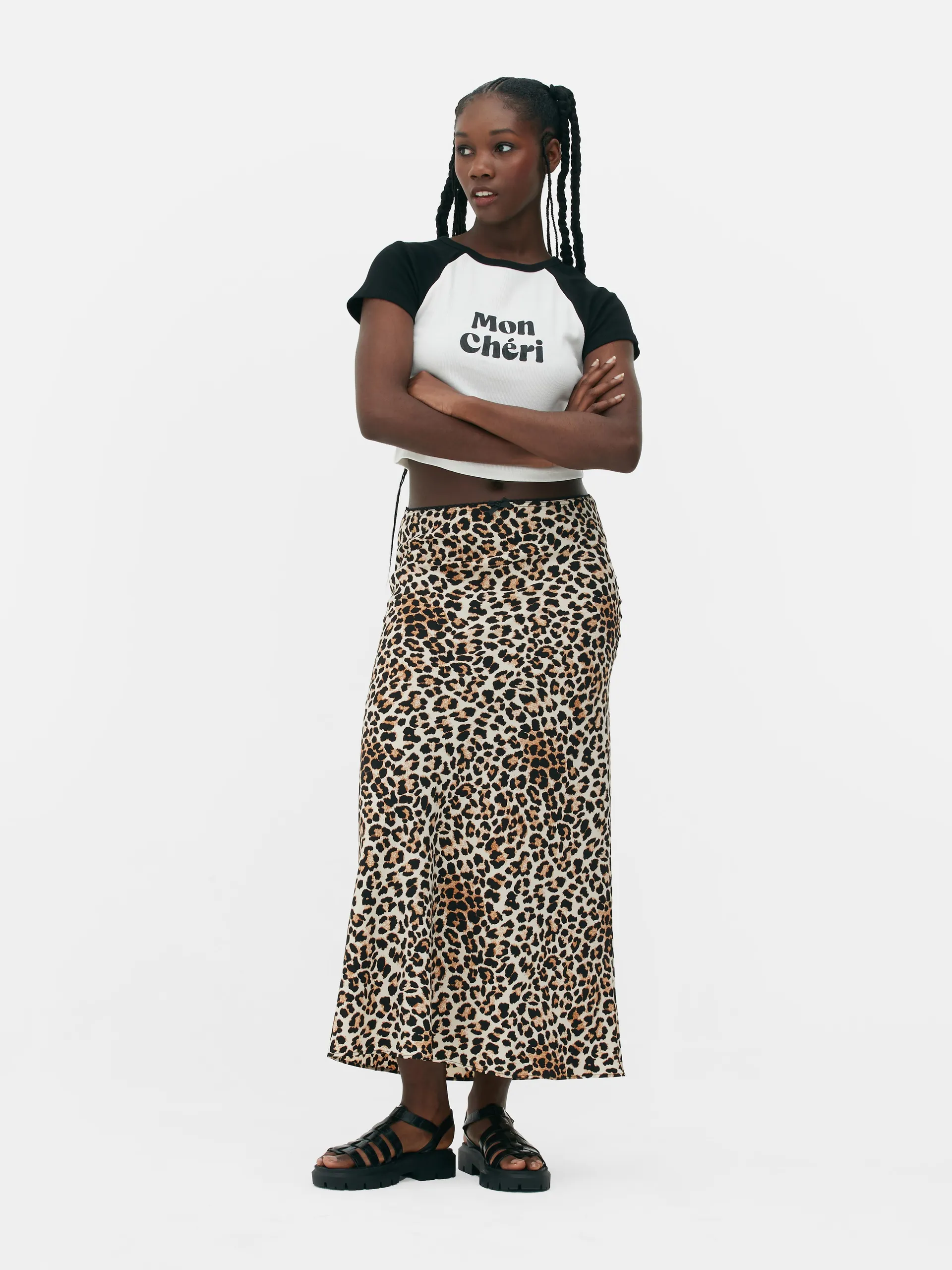 Picot Waistband Leopard Print Midi Skirt