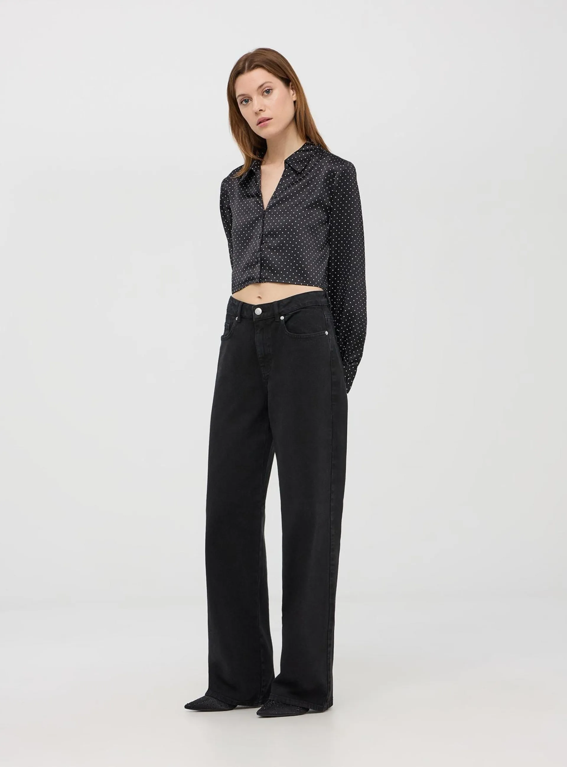 Pantaloni wide leg in denim Nero