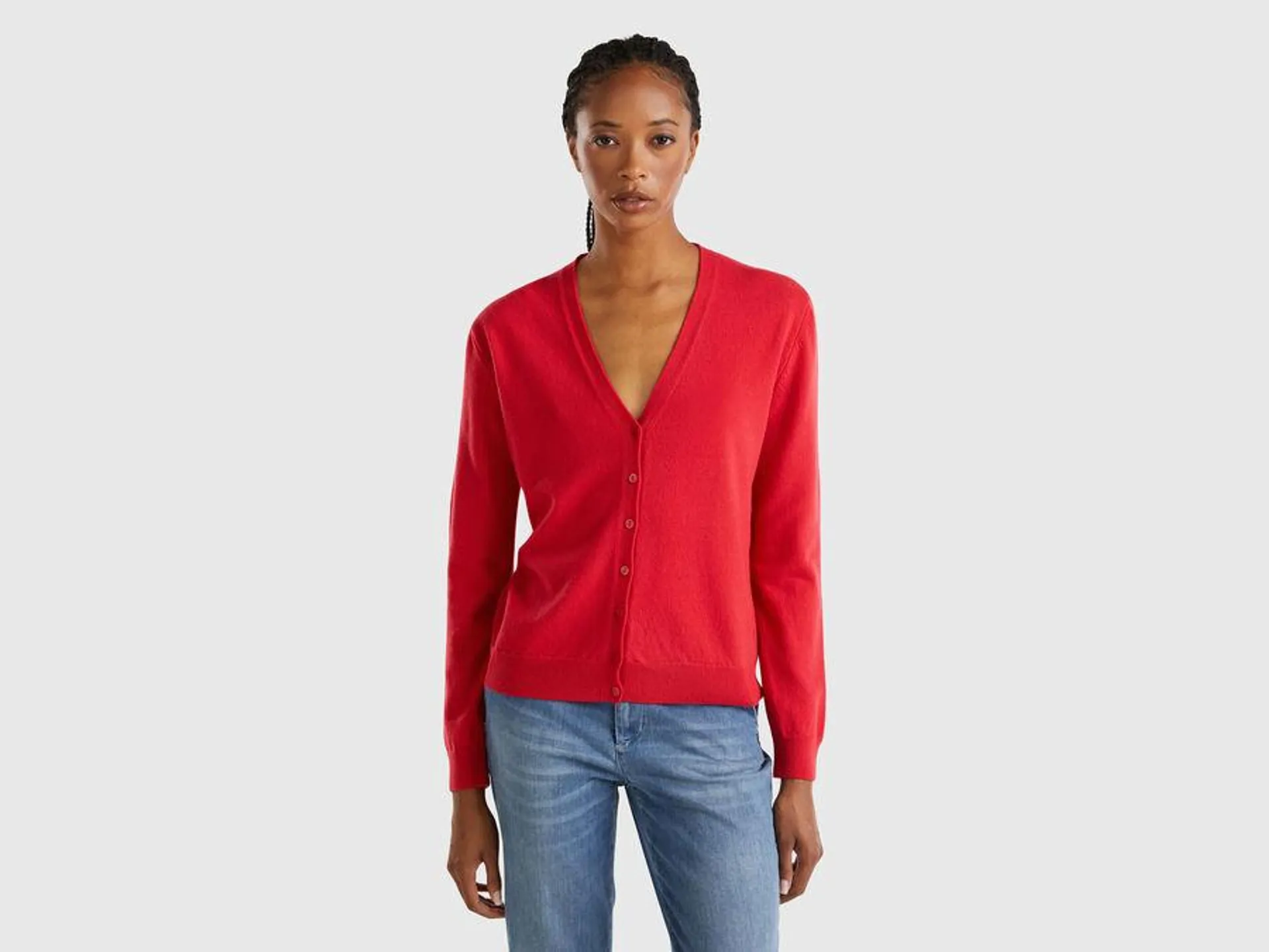 Cardigan scollo a V rosso prugna in pura lana Merino