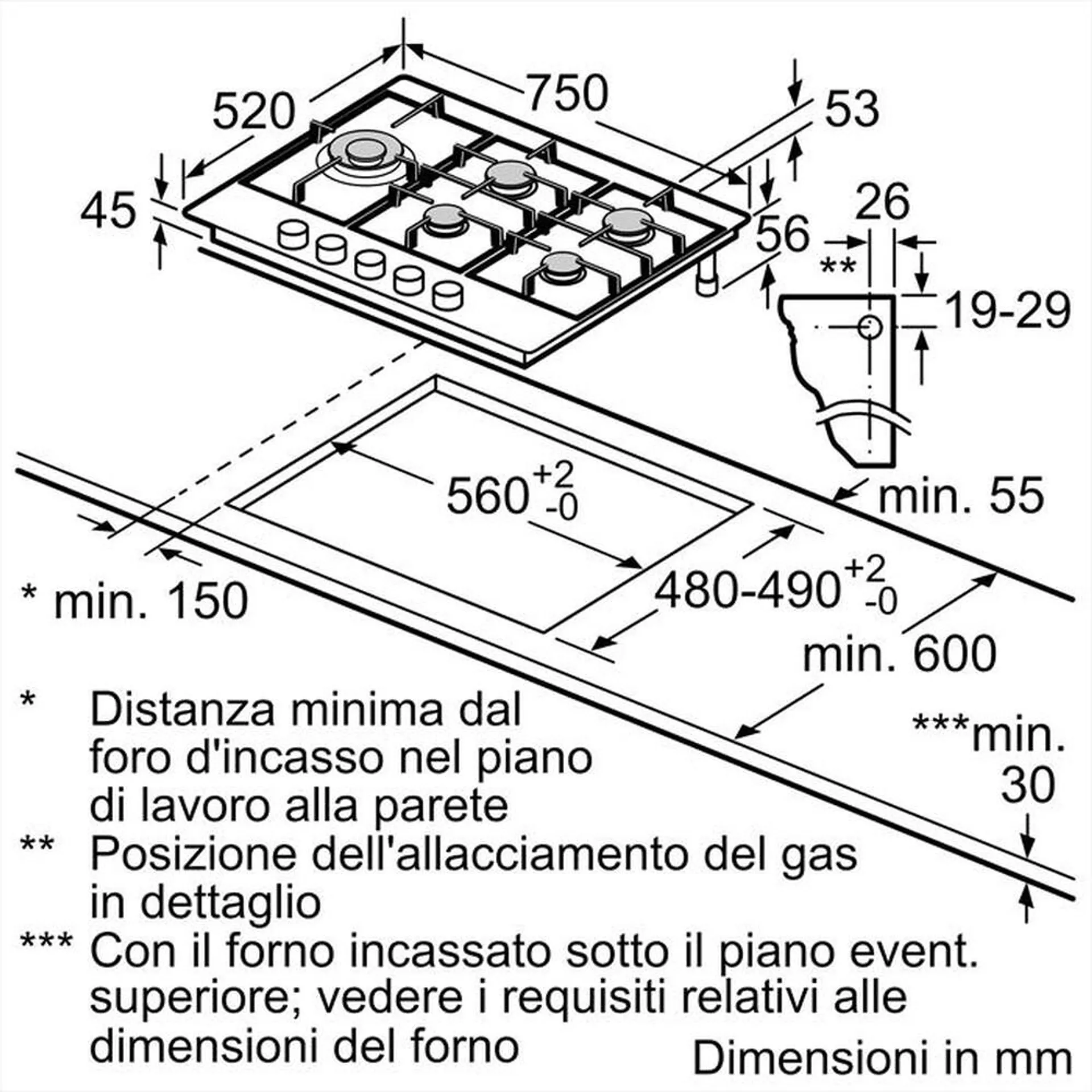BOSCH - Piano cottura a gas PCS7A5B90 5 fuochi 75cm-Acciaio inox
