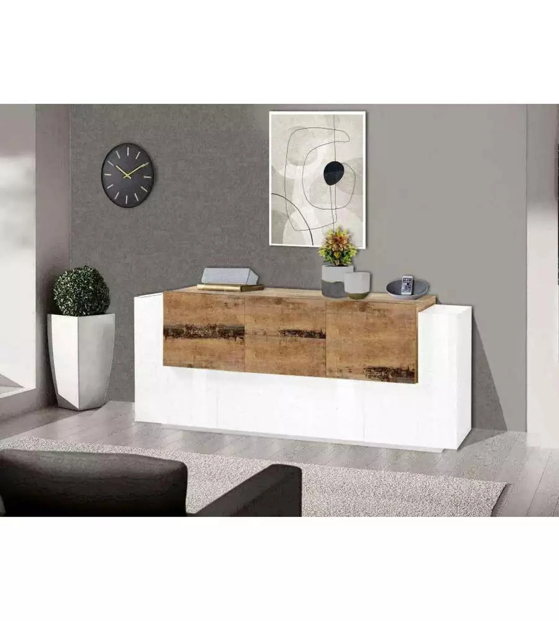 Credenza New Corona Moderna 2 Ante Battenti 1 Ribalta 2 Cassetti 2 Ante Battente Bianco Acero Pereira