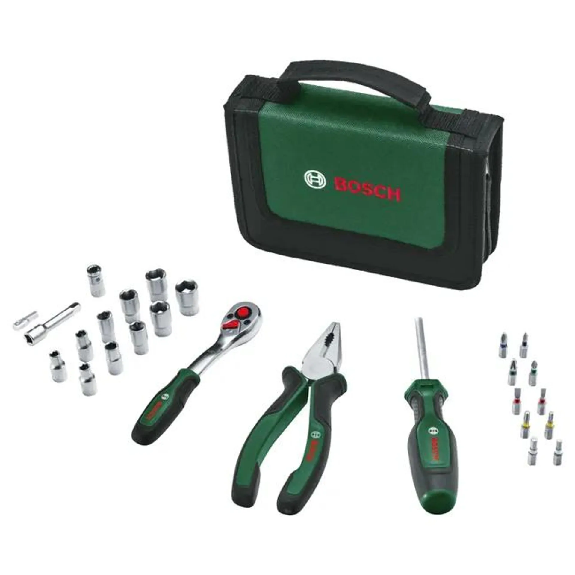 Bosch Set di Utensili Manuali da 26 Pezzi, Kit Compatto e Portatile per Progetti Fai-Da-Te, Ottimo da Trasportare, Cricchetto da 1/4", Pinze Combinate