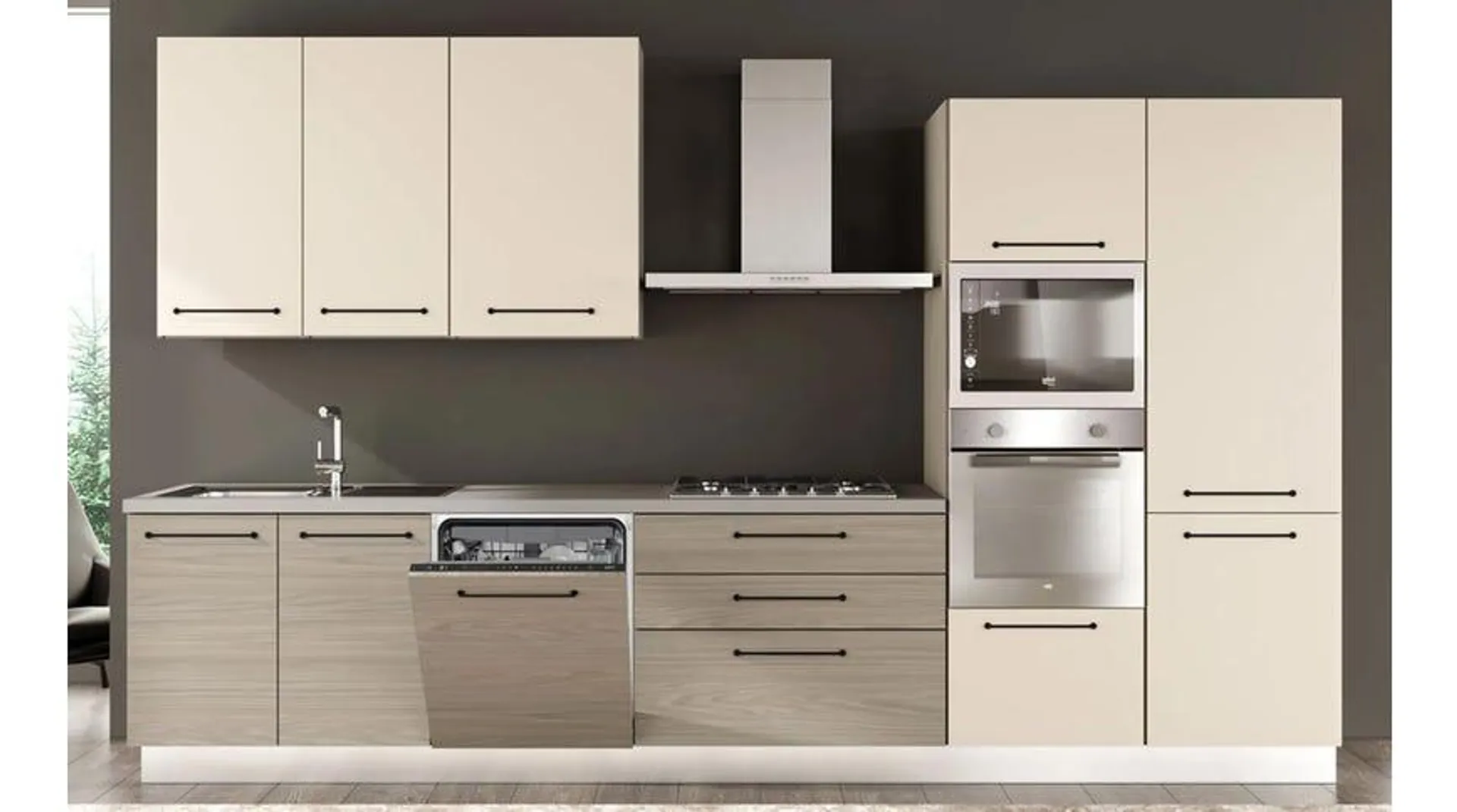 Noa cucina 360 cm colore rovere grigio e grigio angora