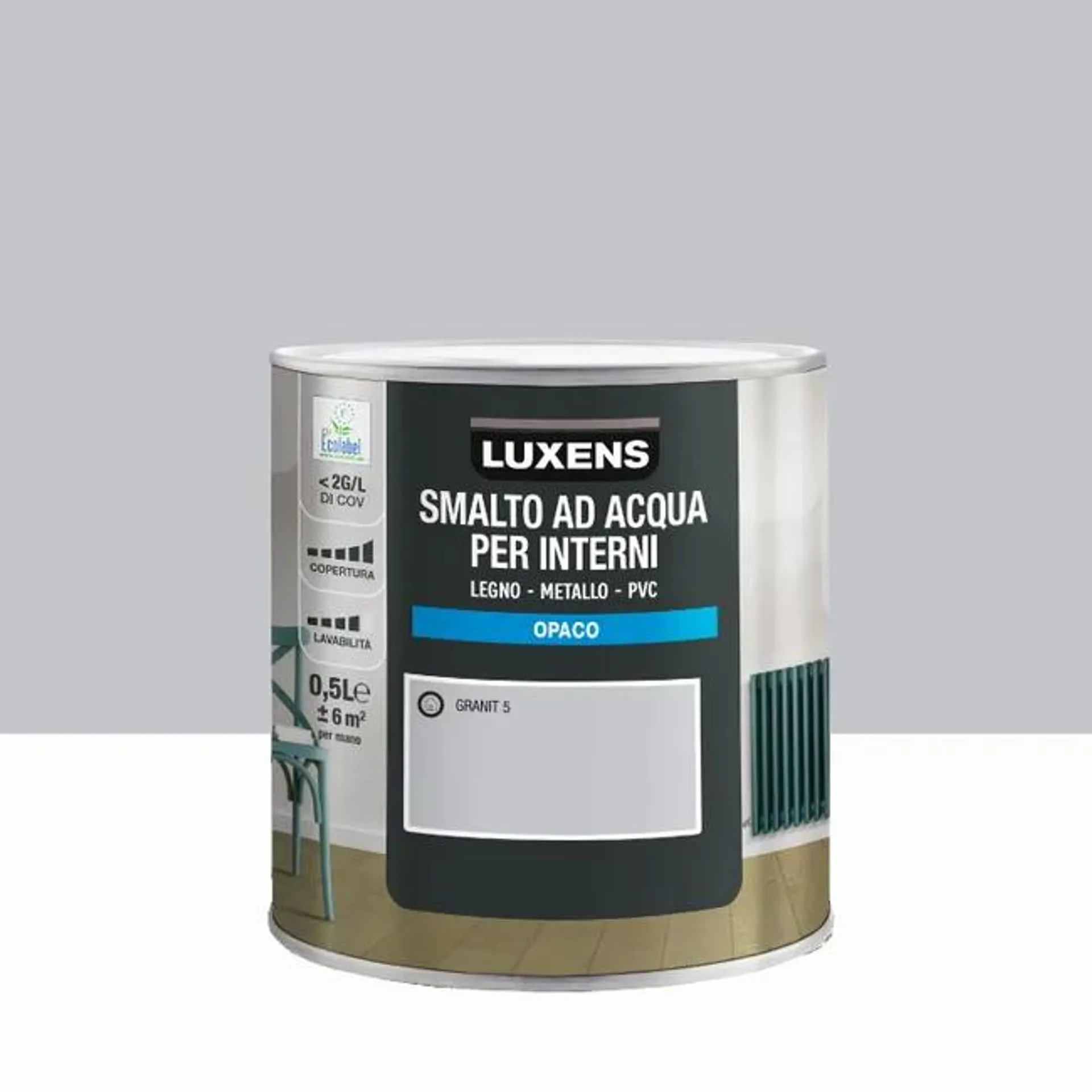 Pittura per interni per boiserie e finestra e porta e radiatore e mobile super lavabile, LUXENS grigio granit 5 opaco, 0.5 L