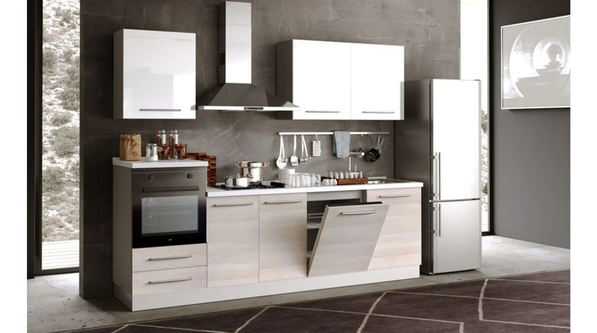 Krystal cucina 270 cm colore olmo e bianco lucido