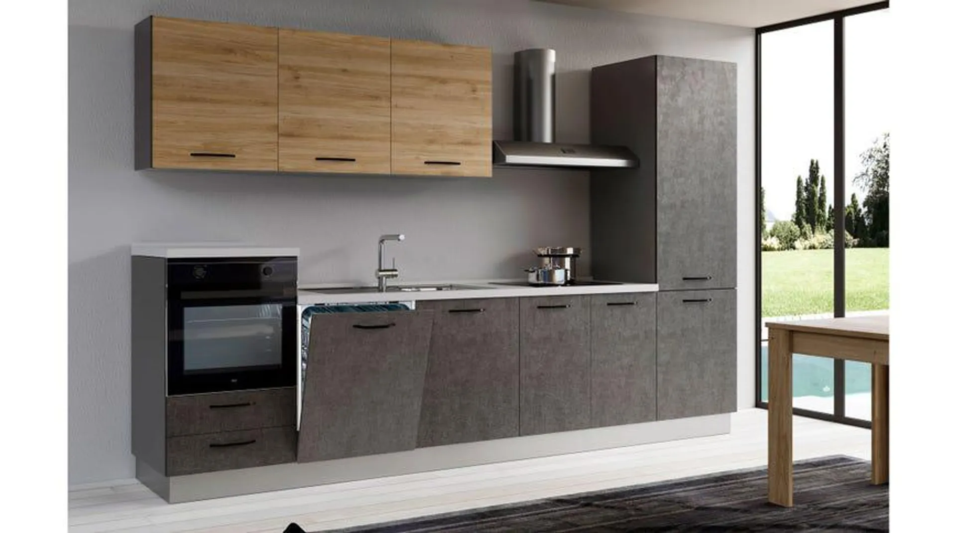 Gilda 2.0 cucina 330 cm colore portland e rovere cadiz