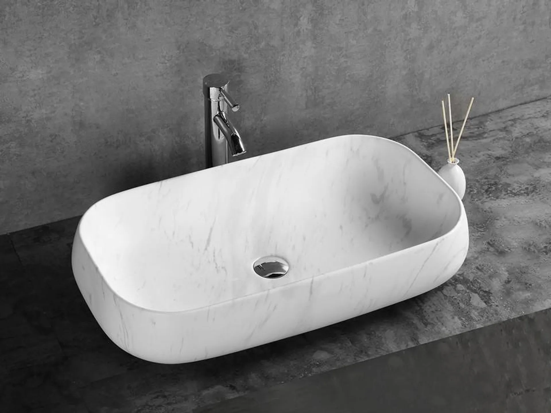 Lavabo da Appoggio Adda 72x41xH14,5 cm Ceramica Effetto Marmo di Carrara Bianco