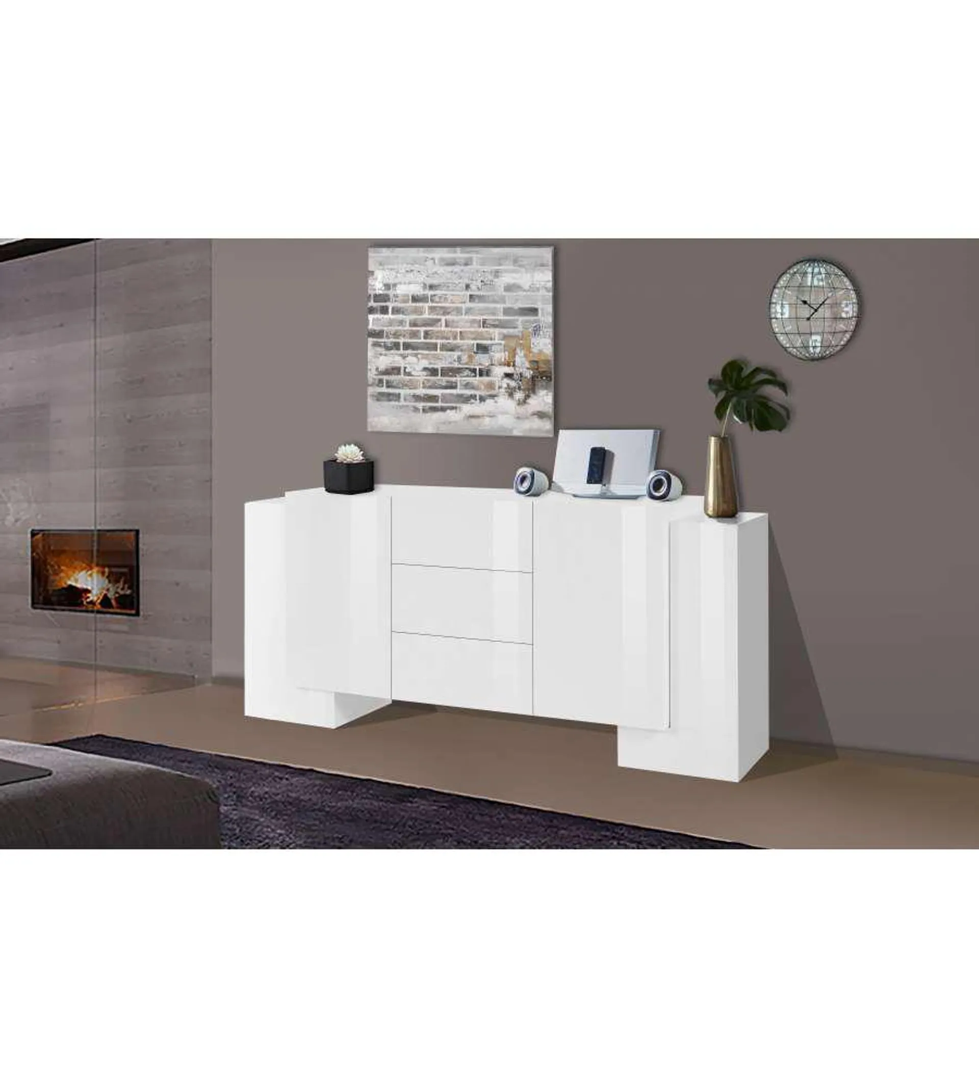 Credenza Pillon Moderna 2+2 Ante Battenti 2 Cassetti Battente Bianco Lucido