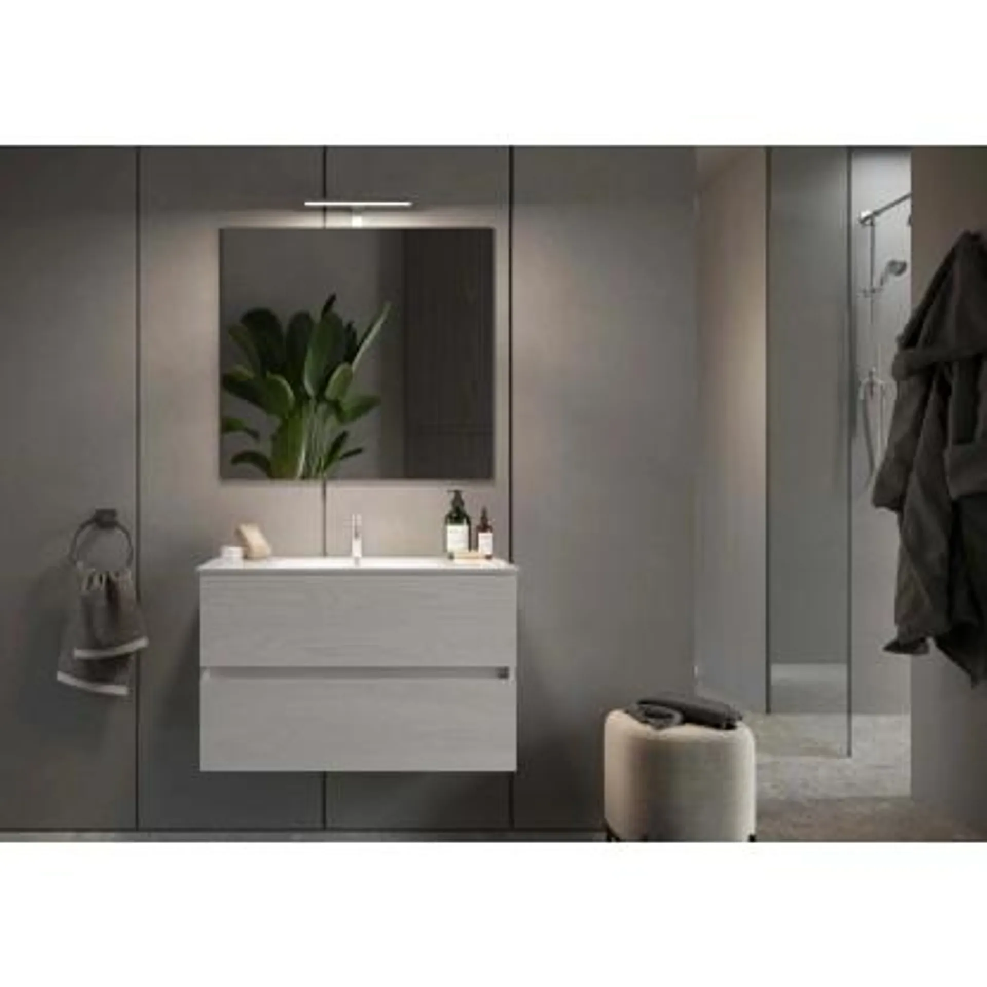 Mobile bagno Start 2 cassettoni e specchiera LED Rovere Artico 80 cm