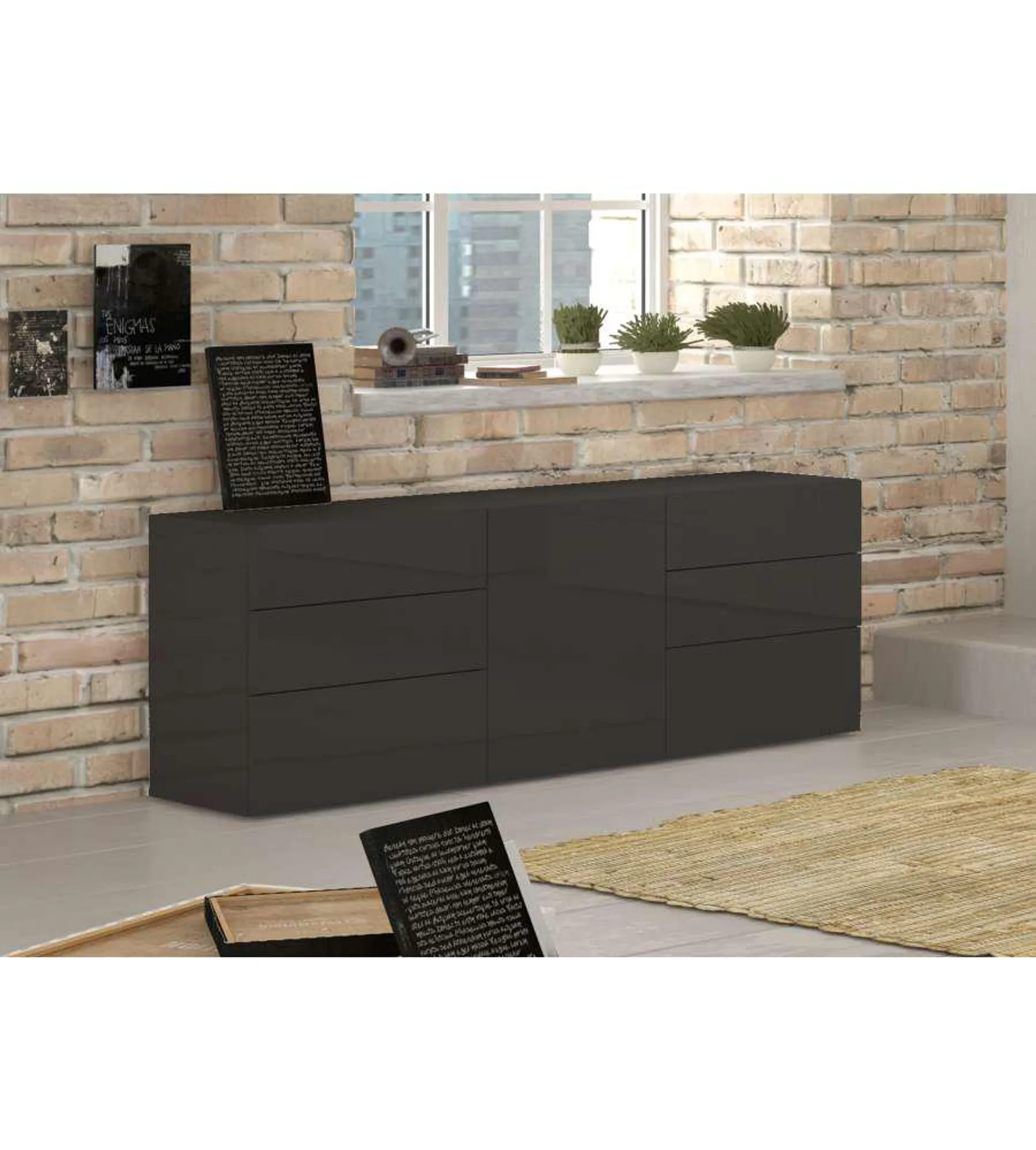 Credenza Moderna 1 Anta + 6 Cassetti Metis Antracite Laccato